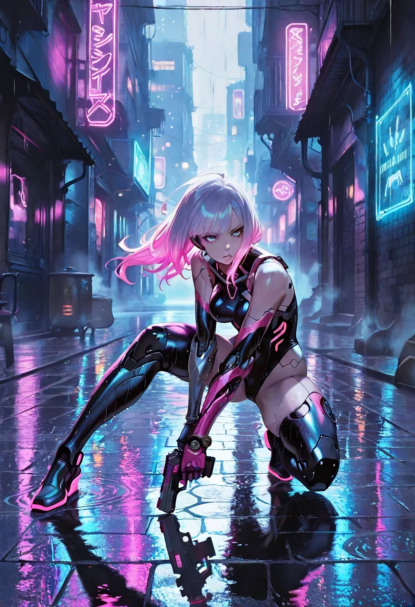AI art "Cyberpunk mania 😇" with user description "These are the out comes from the 3 samples chatgpt created for me without Hanas prompts. Even on it own they are amazing 🥰
The frist was the base for Neon Light Hana."