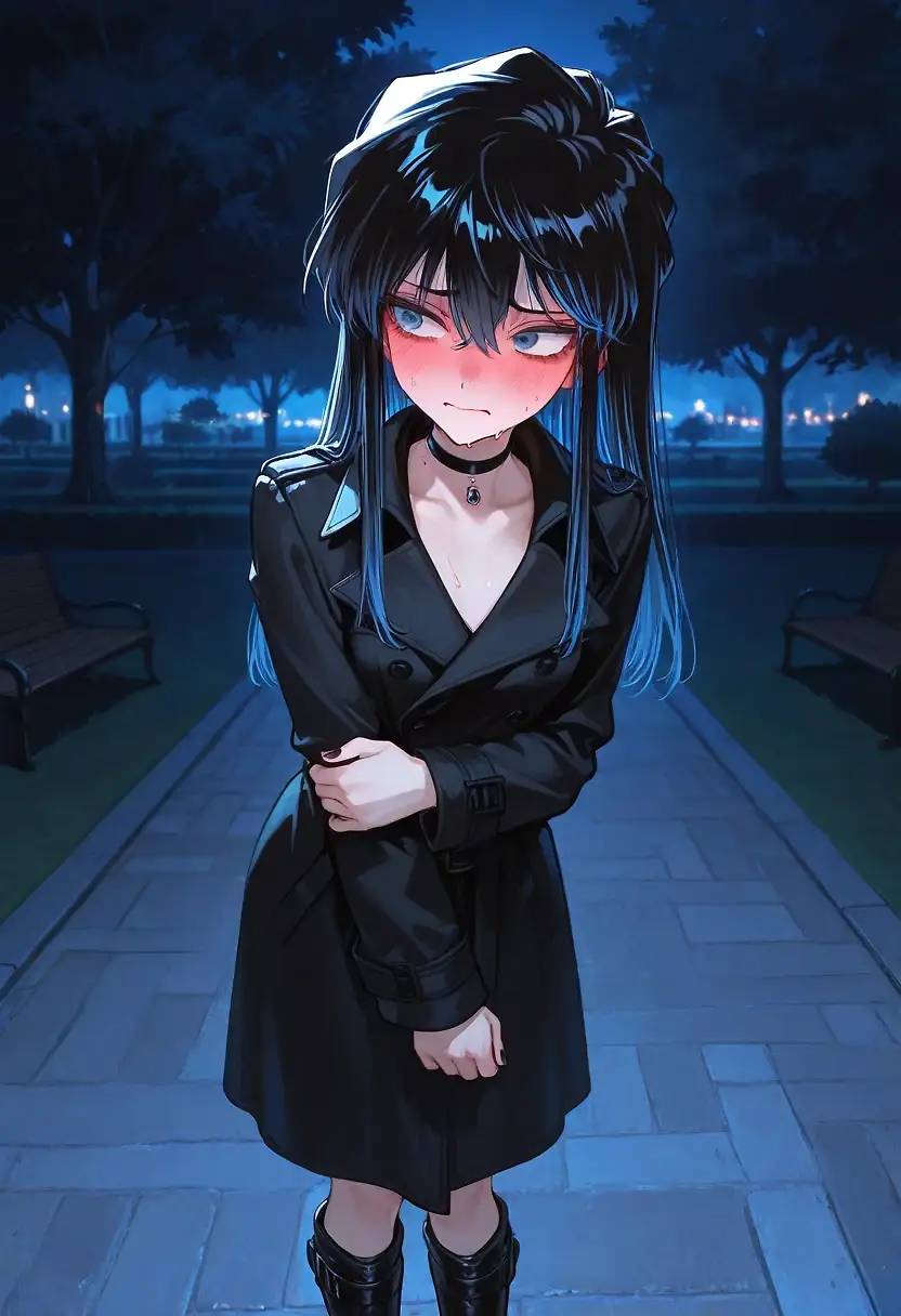 AI art 'Night-time walk with Anara' with user description 'You invite Anara for a midnight walk on Valentine's Day. You give her a set of instructions to follow.
She seems excited over the phone.
But doing it makes her nervous.
But as always, she enjoys it once she gets into it.'