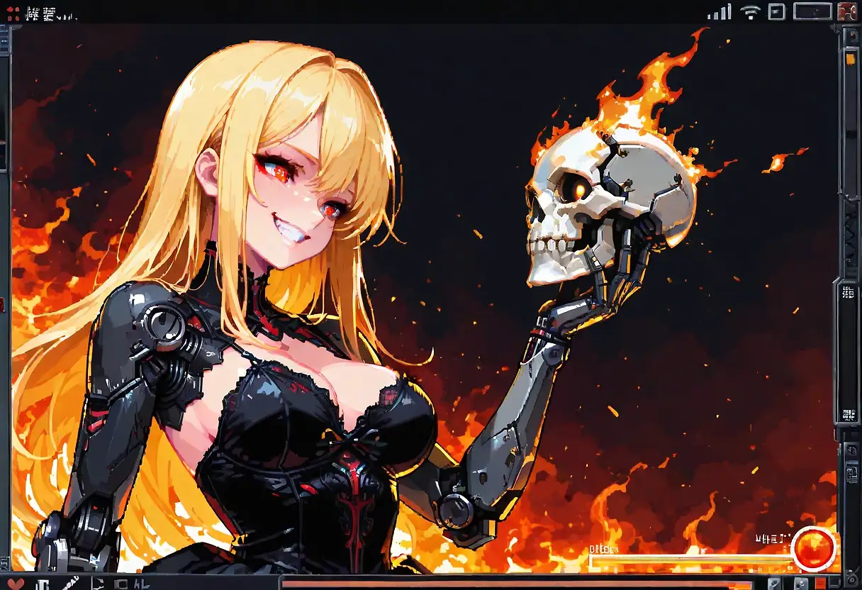 AI art '🦾 Amber's first stage is so easy (Mega Tokyo 2032 AD)' with user description 'I got a bootleg Japanese copy of this underground cult videogame.

I don't know what I'm actually doing as long as I don't know Japanese..

Stage 2.5 first half is so easy, it's like you talk to Amber till she's furious or something and does some to be or not to be juggling, but the second half..

Congratulations on your milestone @gildenstein 🍻🪅🥳🪩 I'm proud of calling you a friend 😘😁🦾'