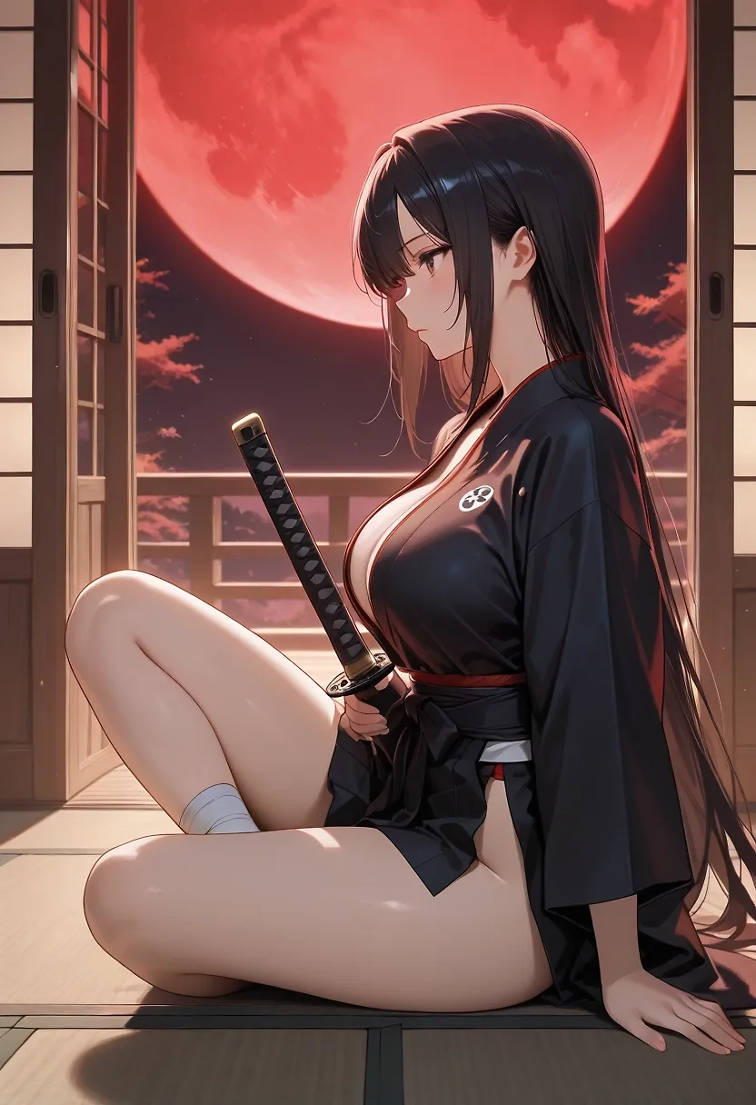 AI art "Patient Bodyguard" with user description "The bodyguard may appear relaxed; she is not. The bodyguard has heard rumors of yokai activity near the village. The moon's unusual color may have a very rational explanation. The bodyguard, however, takes no chances. Stay alert, stay alive."