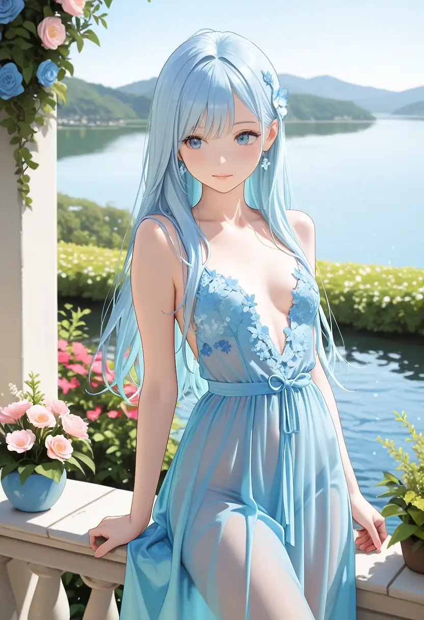 see-through blue dress