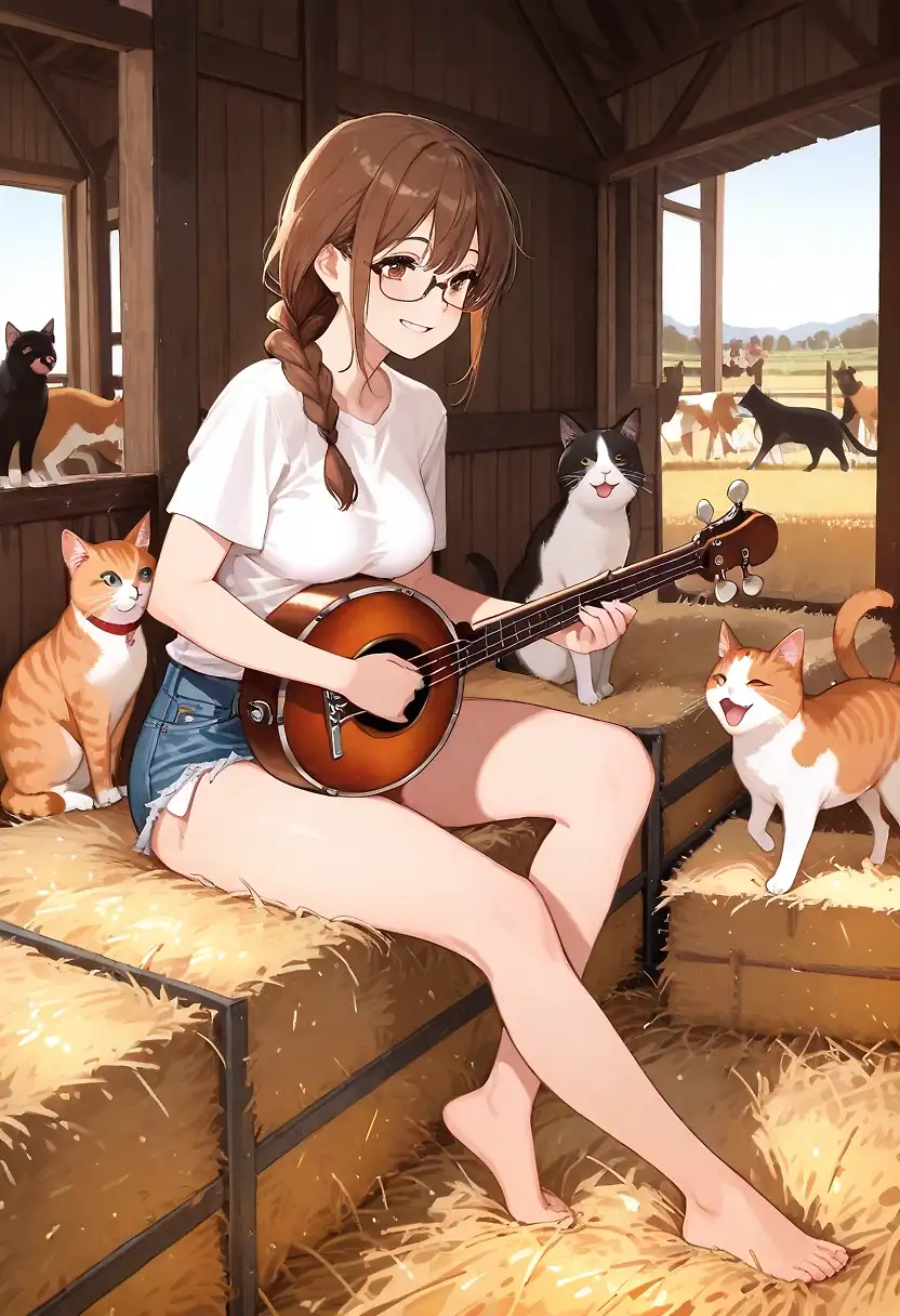 AI art 'Entertaining the Kittehs' with user description 'Jessie loves playing her banjo. Jessie also loves the farm cats. Every so often, Jessie goes out to the barn, sits on a hay bale, and plays her favorite banjo songs. The cats, hearing the music, gather around Jessie and purr contentedly...'