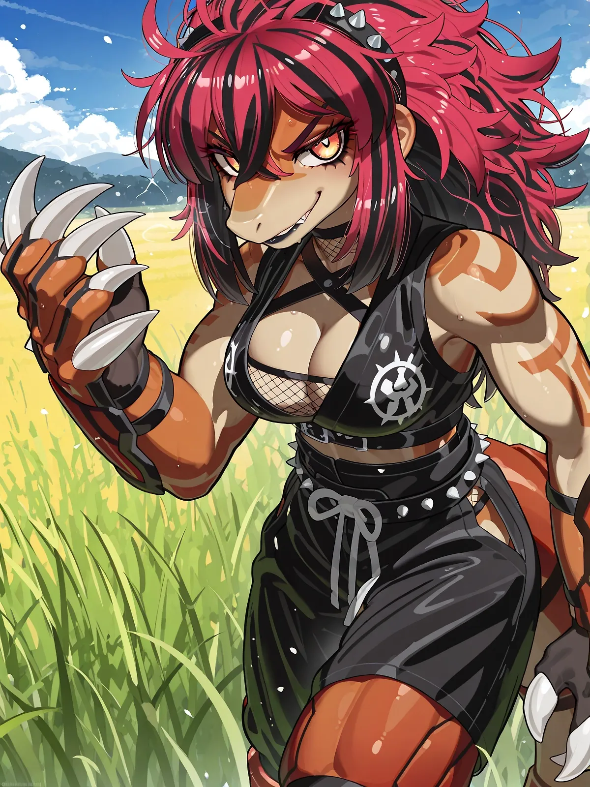 AI art "Pokegirl Muscle Mommies: Groudon" with user description "There isn't enough Groudon love IMO I know the number of fingers in the first one is messed up, but I just love the design!"