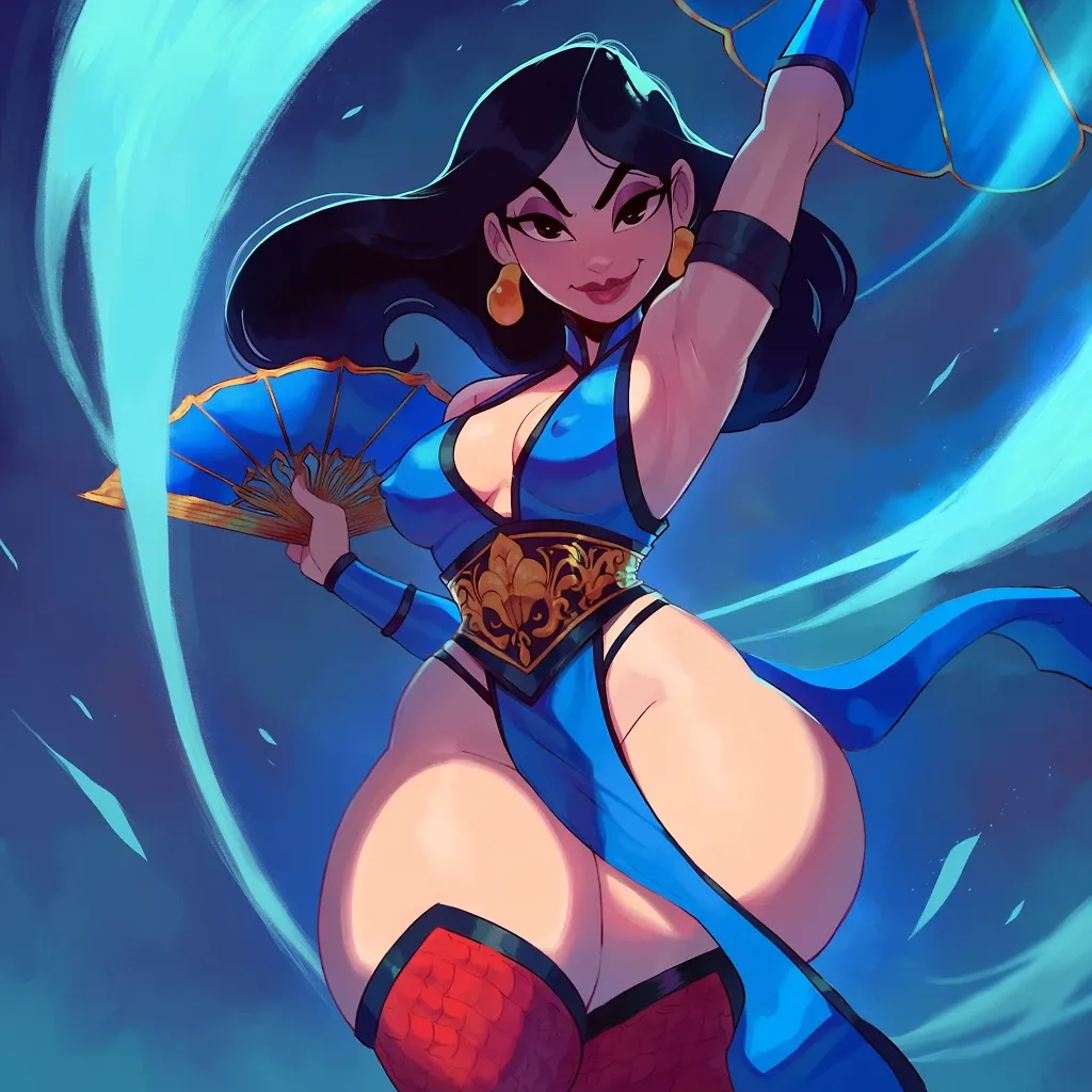 AI art "Mulan (Disney) x Kitana (Mortal Kombat)" with user description "Mutana 

Mutana  was born into a proud but quiet noble family, one that had long served the empire not through brute force, but through discipline, strategy, and unwavering loyalty. From a young age, she was trained in the refined arts expected of her—poise, etiquette, and silence—but behind closed doors, her father taught her something far more dangerous: how to fight.

He believed the empire’s strength was beginning to rot from within.

Corruption had crept into the court, and whispers spoke of a powerful warlord rising behind the throne, manipulating the emperor and steering the kingdom toward endless conflict. Mutana  grew up hearing these warnings, but like Kitana, she was raised to honor authority—even when doubt lingered beneath the surface.

Everything changed when her father was called to war.

Old, injured, and still fiercely loyal, he went without hesitation. But Mutana knew the truth: this was not a war for the people—it was a war fueled by deception. And sending her father was not duty… it was disposal.

Determined to protect him and uncover the truth, Mutana took his place.

Disguised as a soldier, she entered the military not just as a daughter honoring her family, but as a quiet observer. On the battlefield, she fought with precision and elegance, her movements fluid and controlled—more akin to a dancer than a brute. She quickly earned respect, not through intimidation, but through skill and composure.

Much like Kitana, her strength was not just in combat—it was in perception.

She listened. She watched. And slowly, she began to see the fractures in the empire. Orders that made no sense. Villages sacrificed for strategic gain. Commanders who served ambition over honor. The deeper she went, the clearer it became: the enemy was not just beyond the borders—it was within them.

Her internal conflict grew.

She had been raised to serve the empire, but now she questioned what the empire truly was. Loyalty, she realized, was not blind obedience—it was the courage to stand against corruption, even when it wore a crown.

As the war reached its peak, Mutana uncovered the truth: the warlord controlling the conflict sought to overthrow the emperor entirely, using chaos as a smokescreen. The army she fought for was being used as a tool to fracture the kingdom from the inside.

In that moment, Mutana made her choice.

Like Kitana, she chose truth over tradition.

Revealing her identity, she broke rank and rallied those who still believed in honor. Her leadership, calm and resolute, inspired others to follow—not because she demanded it, but because she embodied what the empire was meant to be.

The final battle was not just against an external enemy, but against betrayal itself.

When it ended, Mutana did not claim power, nor did she seek recognition. Instead, she became something far more enduring—a guardian of balance within the empire. A warrior who understood that strength was not domination, but integrity.

And like Kitana, she proved that true loyalty is not about serving a throne—

It’s about protecting what the throne is supposed to stand for."