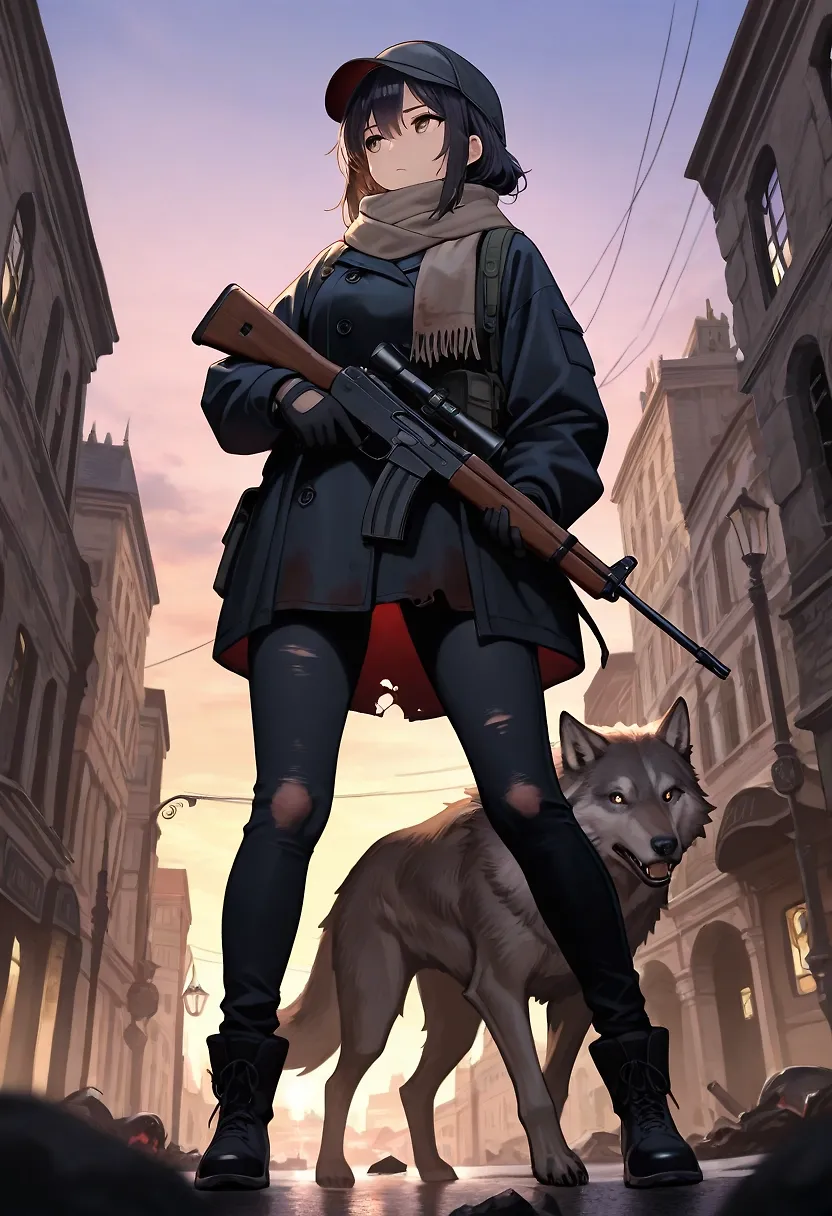 AI art "Dusk Patrol" with user description "The city, once a thriving metropolis, lies devastated by war. A plucky girl, armed with a rifle, goes out from her hiding place to look for food and supplies. She loves to read, so she also seeks books. The girl varies the times she goes through city neighborhoods, favoring early mornings and late afternoons. The girl occasionally hears distant gunfire, but has not encountered any enemy soldiers. Still, it pays to be vigilant and maintain awareness at all times..."