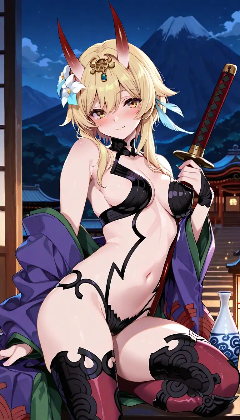 AI art "Lumine cosplaying Shuten Douji (same VA)"