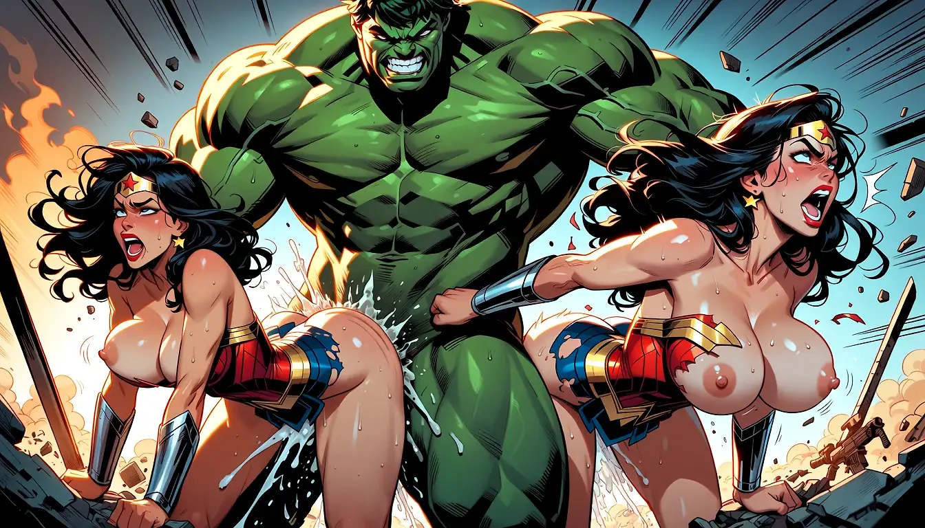 AI art 'Marvel vs. DC' with user description 'Hulk and WW in the multiverse'