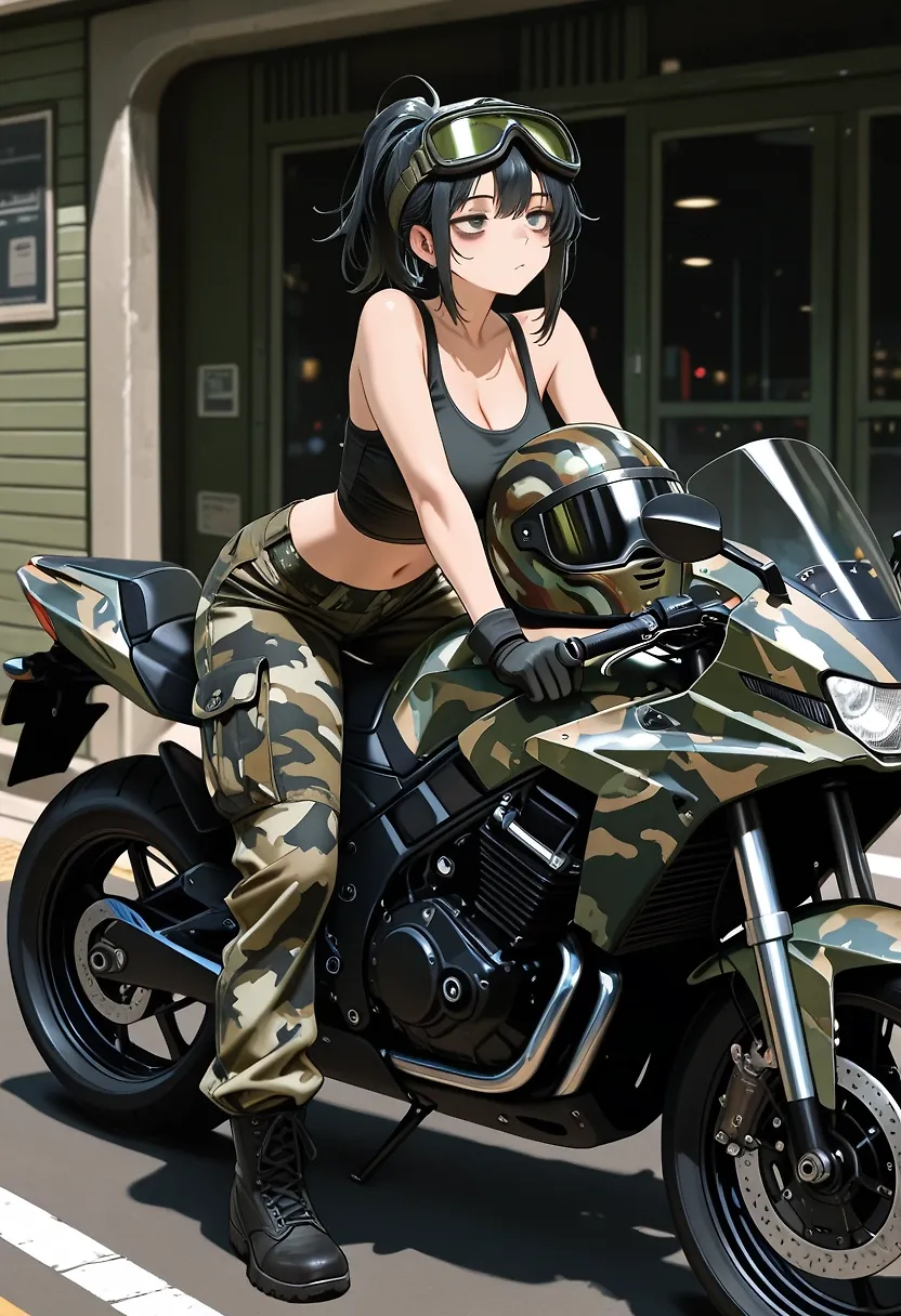 AI art "A Date With Stealth-chan" with user description "Today’s date partner is the quiet, mysterious woman known as Stealth-chan.  She comes and goes at all hours, to the military base, to the station, to the store, with no regularity.  You wonder if she ever sleeps.  Or if she does anything besides whatever her secretive job is.  Maybe, if you spend some time with her, you can get a glimpse behind her emotionless mask."