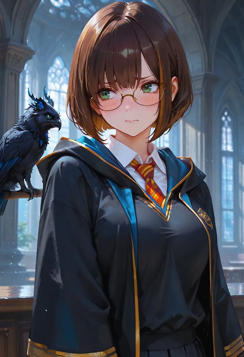 AI art "And we have a Ravenclaw" with user description "Akiko fit good to Ravenclaw i think 😁 and this shy look Blow my mind 🤯"