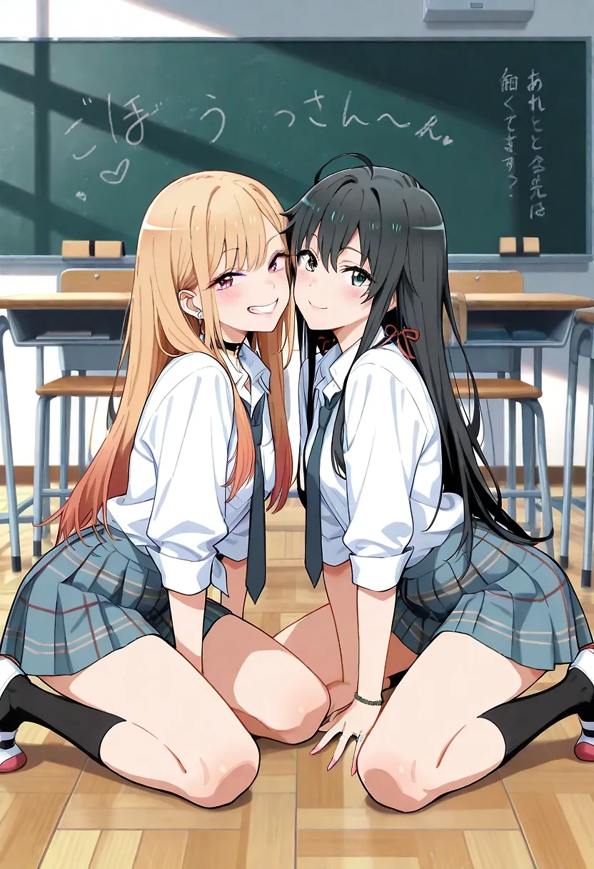 AI art "Fun at school" with user description "Marin Kitagawa and Yukino Yukinoshita participating in some extracurricular work."