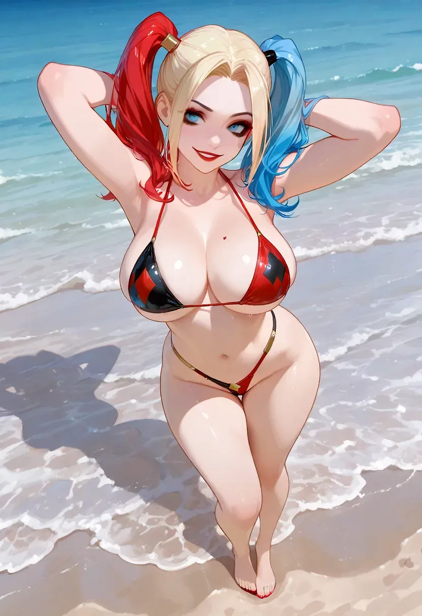AI art "Harley Quinn at the Beach" for prompt: "Harley quinn from DC, big breasts, hourglass body, in small very revealing thong bikini, standing up, full body front view, on a beach shore, perfect eyes, perfect face"