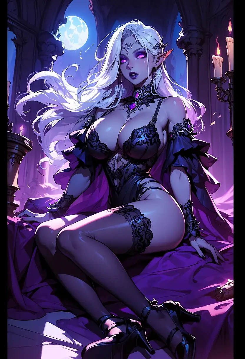 AI art 'Dark Elf seductively sitting' with user description 'The moon hung high above the ancient city, its pale light spilling through the arched windows of the dark elf's private chamber.

She sat alone on the floor near the balcony, one leg crossed elegantly over the other as she gazed out at the sea of lights below. The kingdom never truly slept. Even at this hour, distant lanterns flickered among the towers and bridges of the capital.

A gentle breeze drifted through the room, stirring the sheer curtains and carrying with it the scent of night-blooming flowers from the palace gardens.

She appeared perfectly at ease.

Long silver hair cascaded over one shoulder, catching the light whenever she moved. A crystal goblet rested in her hand, and she slowly swirled its contents while gazing into the flames, lost in thought.

There was an effortless grace to her presence.

Not the practiced performance of a courtier seeking attention, but the natural confidence of someone entirely comfortable in her own skin.

Anyone entering the room would have found it difficult to look away.

Her expression carried a hint of amusement, as though she knew secrets the rest of the world had yet to discover. A faint smile lingered on her lips, mysterious and inviting without revealing its meaning.

Outside, the city continued its endless rhythm beneath the stars.

Inside, time seemed slower.

The dark elf shifted slightly, settling more comfortably against the cushions. The movement was unhurried, graceful, and captivating in its simplicity.

She wasn't trying to impress anyone.

She wasn't performing.

Yet there was something undeniably alluring about the scene.

Perhaps it was the moonlight.

Perhaps it was the quiet confidence she carried.

Or perhaps it was the way she seemed completely untouchable, existing within her own world of calm sophistication while the rest of the kingdom chased ambition and power.

For a moment, she simply sat there, surrounded by firelight and shadows.

Elegant.

Mysterious.

And entirely in command of her own presence.'