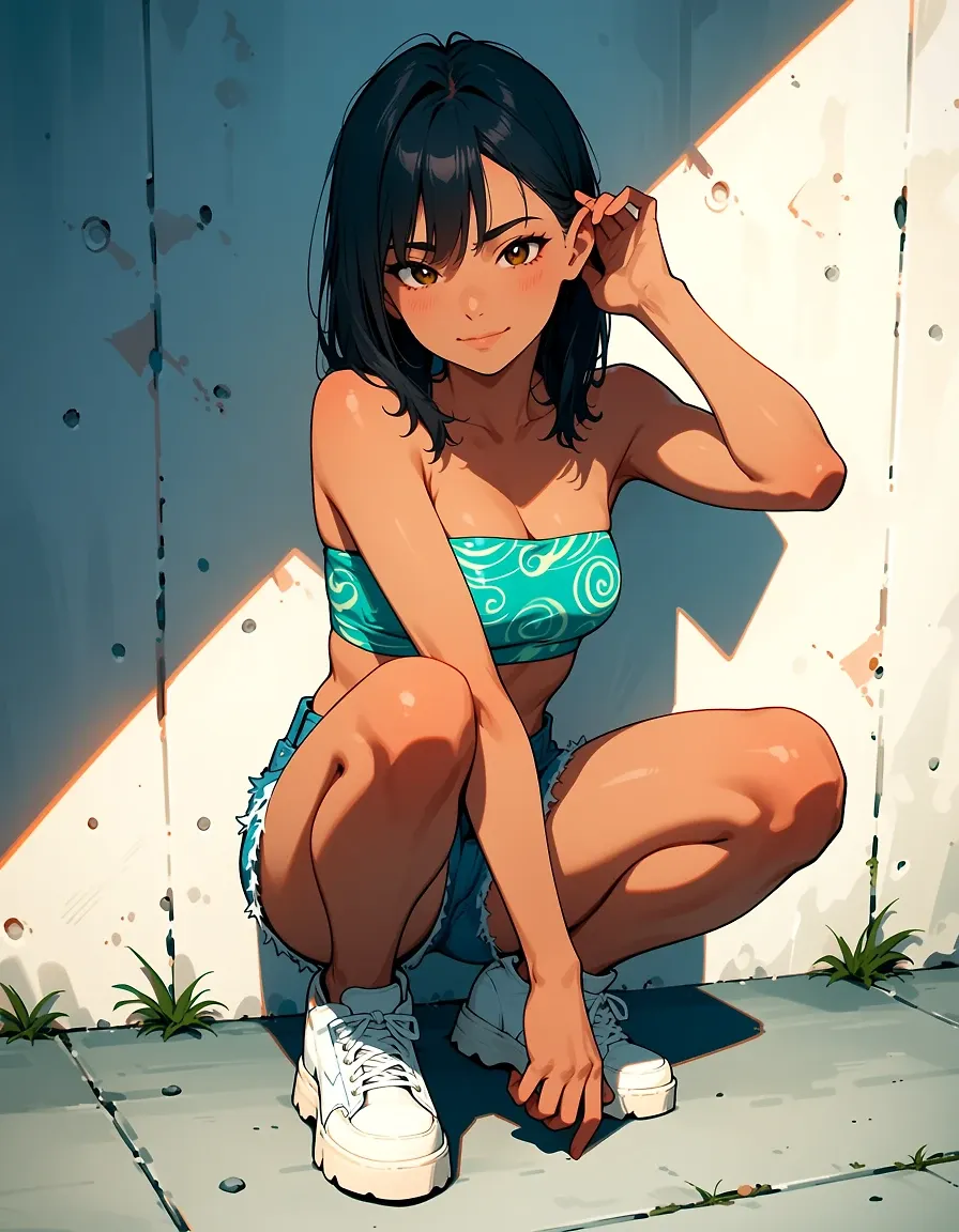 Girl squatting on a pavement