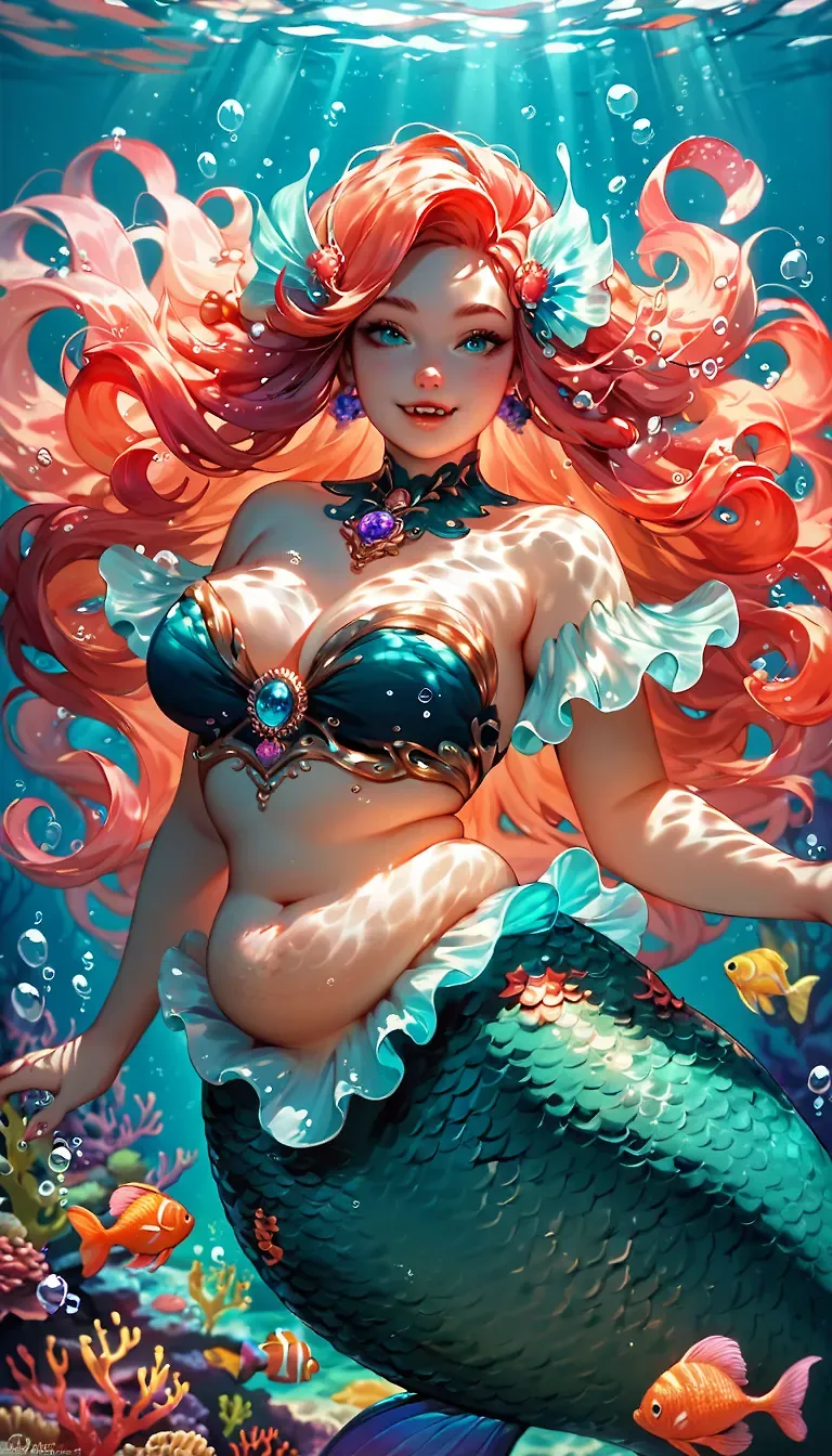 AI art "Mermaids" for prompt: "plump, bbw, medium_breasts, shiny, majestic, mermaid, underwater, ornaments, colorful, elaborate_background, seductive, looking_at_viewer, very_long_hair, diadem, multicolored_hair, hair_accessory, fangs"