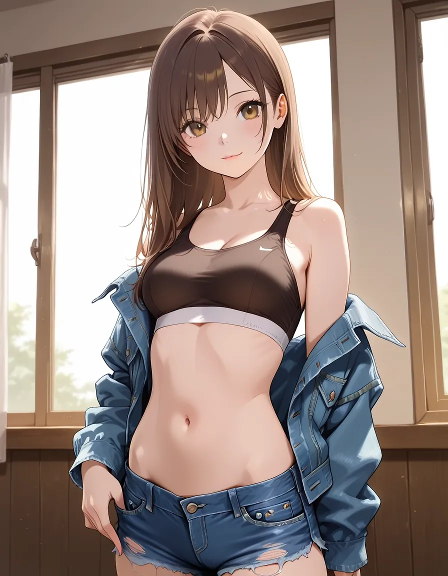 In her sports bra