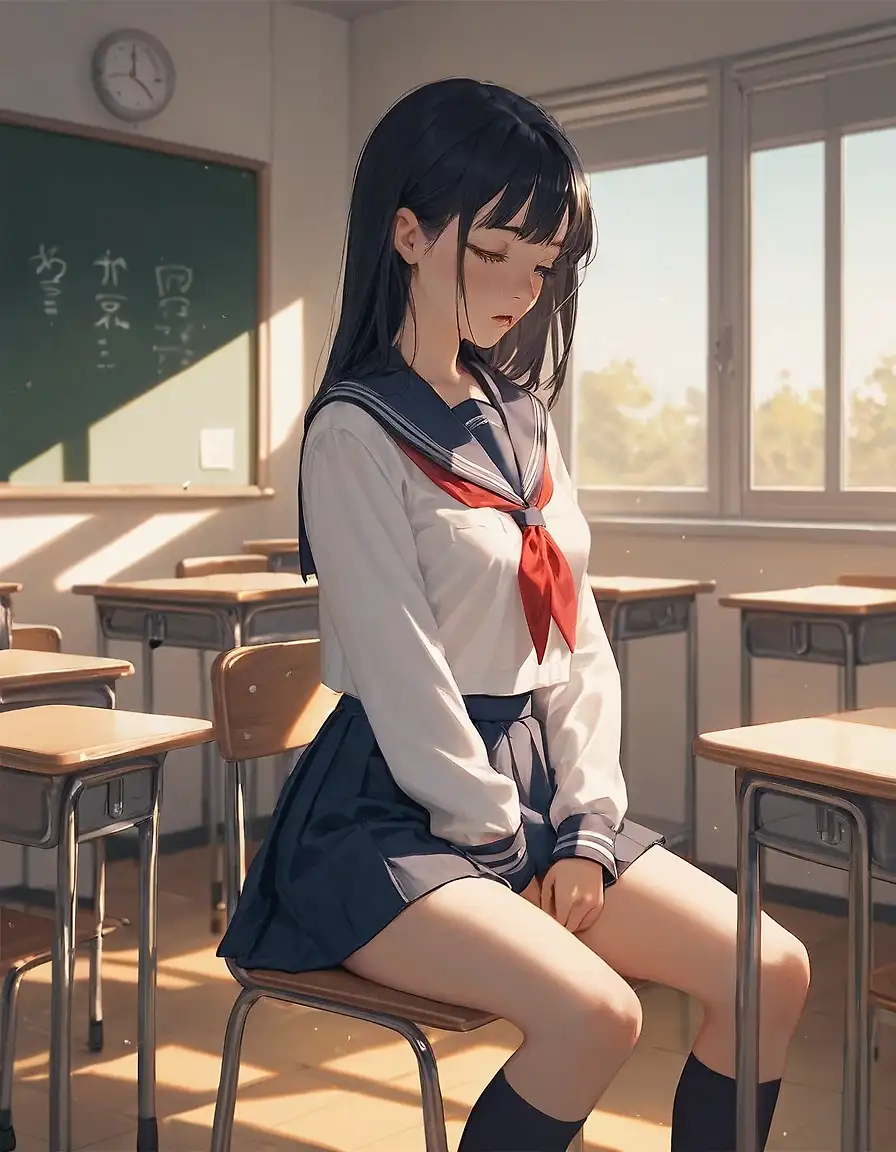AI art 'School Uniform Part 3' with user description 'The halls are empty, and the sun is setting. She stayed behind just to show you this look. I love how the pleated skirt and tie highlight her athletic frame—it's a classic aesthetic with a very bold twist. She might look like she's following the rules, but her eyes say something completely different.'