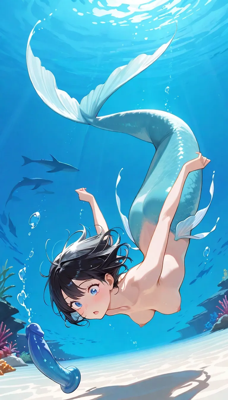 AI art "Bestiary: Mermaid III" with user description "What is this? The mermaid's fingers brushed a curious relic from the world above: a smooth, curved wand of deep sapphire stone, veined with faint blue lines like captured lightning, humming faintly with an otherworldly warmth that made her scales tingle and her cheeks flush with unnamed wonder. She turned it in her palms, tracing its gentle swell and the hidden ridge that promised secrets deeper than any cave, whispering to the current, "What spell did you weave, lost traveler, to leave such a teasing echo in the deep?" 🧜‍♀️💙"