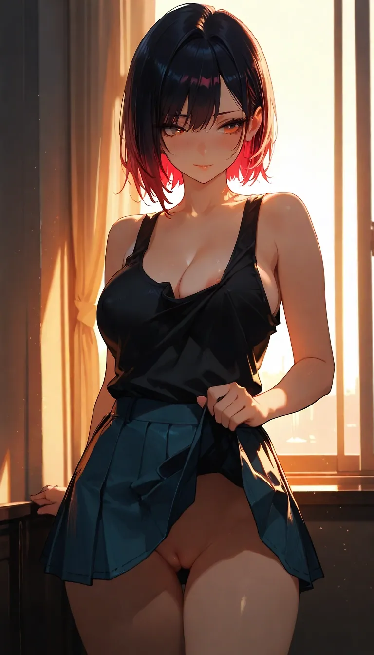 AI art "👗 Skirt lift" with user description "@bad77 reminded me with their recent post how much actually I like skirt lifts and a fleeting pussy peek 🌸"