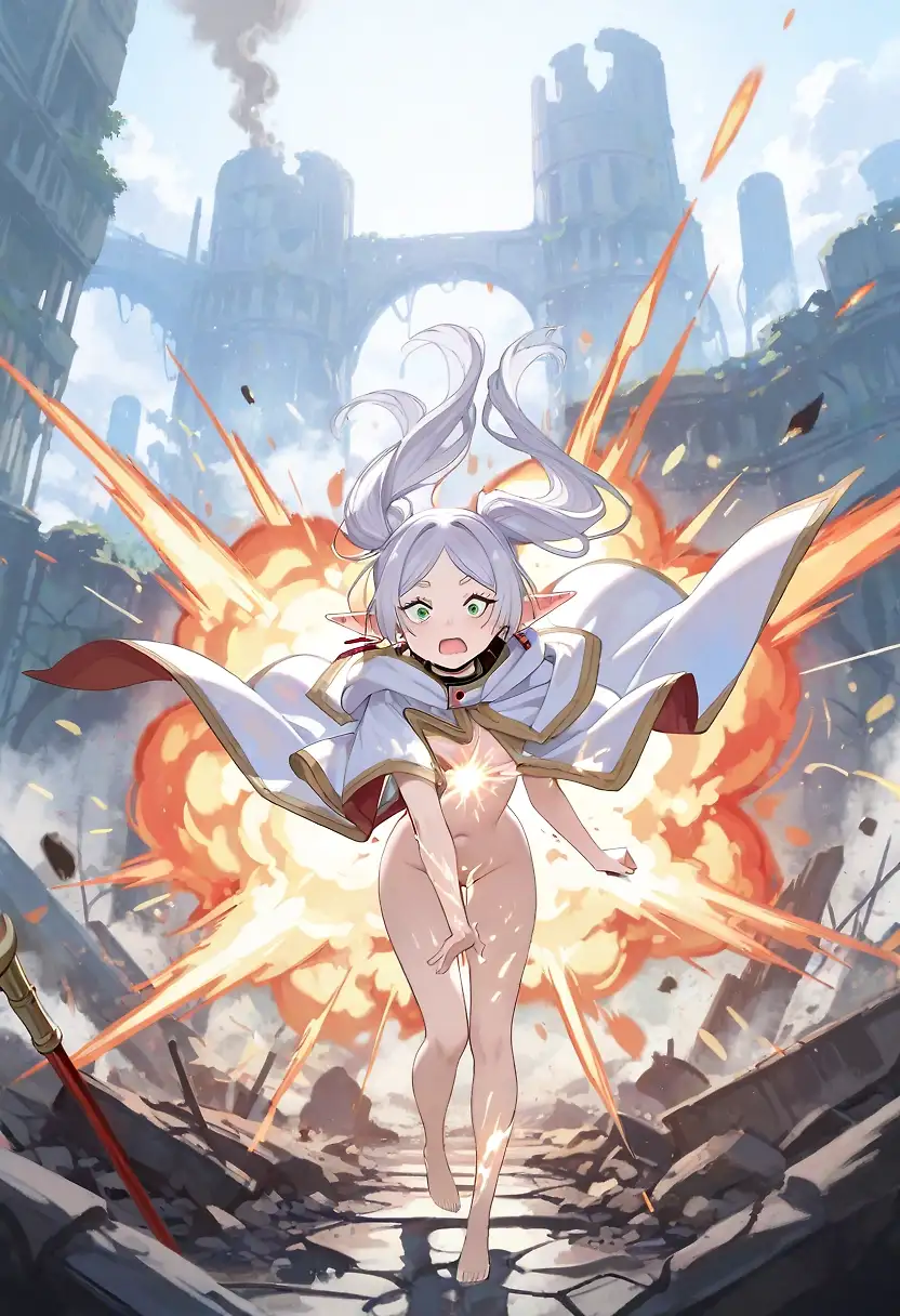 AI art 'Frieren's Accident' with user description 'frierens spell backfires and knocks her clothes off shes covered in residue and fern helps her clean up frieren then wonders around naked till fern scolds her the whole time starks freaking out'