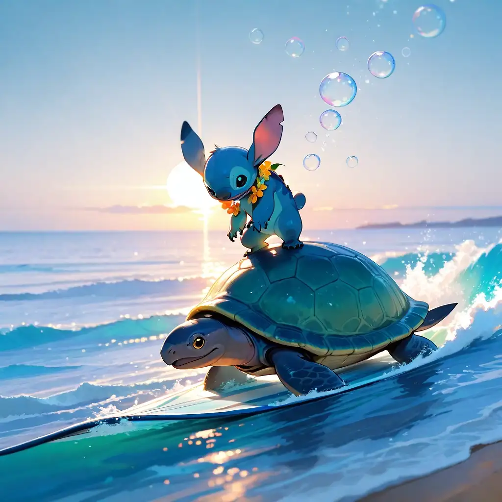 Stitch surfing on a turtle