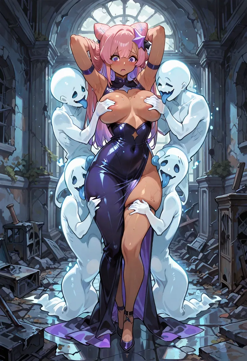 AI art "Chapter #03 THE MANSION OF FETISHES. Part 4, final." with user description "Samt decided to check the library where she found a clue about the possible location of the family heirloom. She headed to the attic, the highest part of the mansion, but she was already being watched. Soon, she felt a cold breath on the back of her neck. Somewhat frightened, she followed her scent, and when she reached the room, she was attacked by a group of ghosts who began to grope her. Nothing was left untouched. When the attack subsided amidst the commotion, the family heirloom rolled to Samt's lap. She picked it up and, without realizing it, activated it, sending out a beam of light that scared away all the ghosts in the area.
Afterward, she met up with the girls, and they left the abandoned mansion.
I hope you liked it. Thanks for reading."