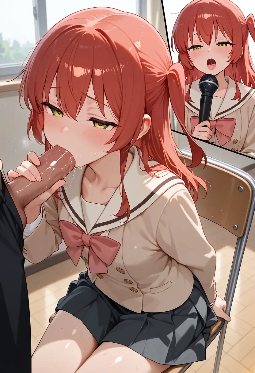 AI art 'For Kessoku Band’s Next Live! Kita’s Surprised Microphone Practice' with user description 'Kita was told it was a special vocal lesson to improve her singing for the next live.
She followed Sanji with high spirits, but…
Kita: “Ehh!? This microphone is so big… and warm… and it’s twitching!?
Is this really for vocal training…? But… if it’s for the band’s sake… I’ll do my best!”
She holds the thick “microphone” with both hands, nervously licking and sucking the tip while her idol smile slowly melts into a lewd expression.
Even while surprised, Kita is giving it her all for Kessoku Band’s future.'