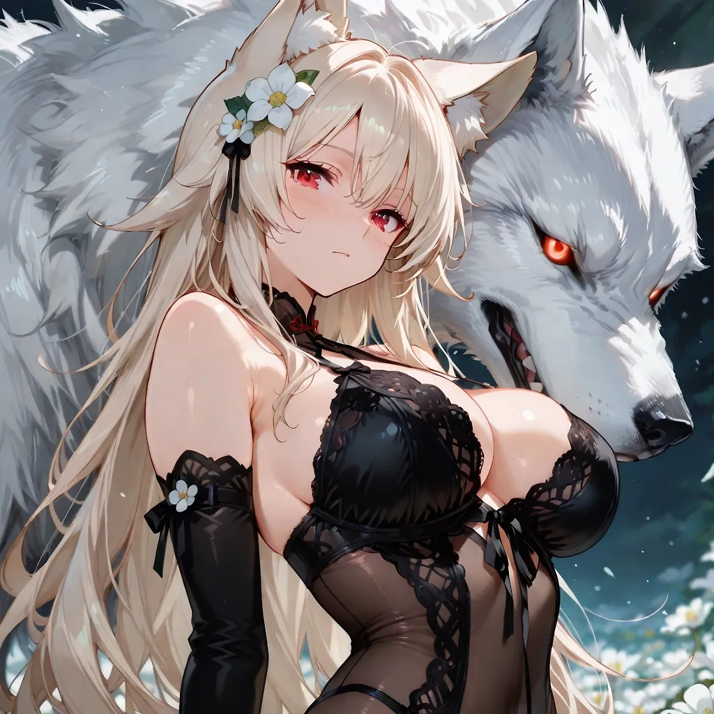 AI art "Wolfbound Beauty for @hollenwulf 🐺" with user description "I brought out one of my most beautiful creations for this one.
Show the man some love, he absolutely earned it! 🐺🖤

@octavian @peterco @warmicestudios @smut317 @gildenstein @casca_kirei-onna @heihund @bad77 @a_casual_prompter @parda @terror2 @hollenwulf @varcolac @zerogroupe21 @goobygubby @cro_bo @saltymajor778 @zesoul @azariel"