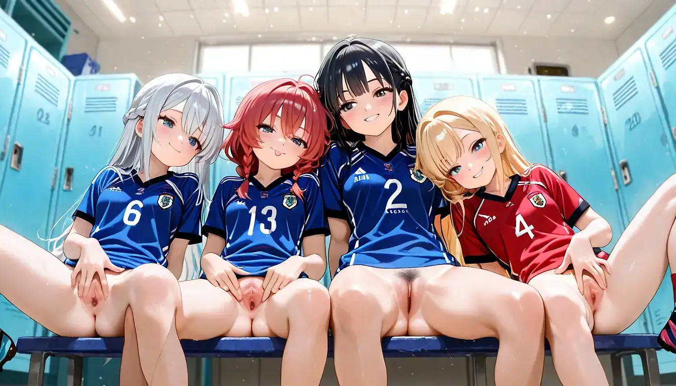 AI art 'Team spirit' for prompt: '4 girls, (spreading own pussy with fingers), size difference, side by side, locker room, soccer, fully dressed, blue different numbered jersey, bottomless, smiling at you, tongue out, pubic hair, spreading legs, black hair, red hair, silver hair, blonde hair, braid, ponytail, pigtails

girl 1 black hair medium breasts ((slender))

girl 2 blond hair ((chubby)) big areolas'
