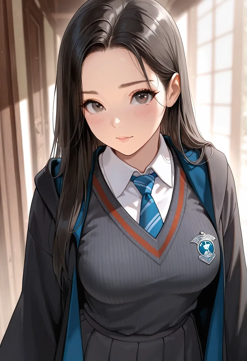 AI art "Cho Chang of Ravenclaw" with user description "Cho Chang of Ravenclaw, a Ravenclaw Quidditch Seeker and member of Dumbledore's Army, is notable for being Harry Potter's first girlfriend. Cho is also one of the first Hogwarts students to believe in Harry's declaration of Voldemort's return. In Harry's fifth year, Cho kisses him and goes on a date with him, but Harry eventually ends their relationship."