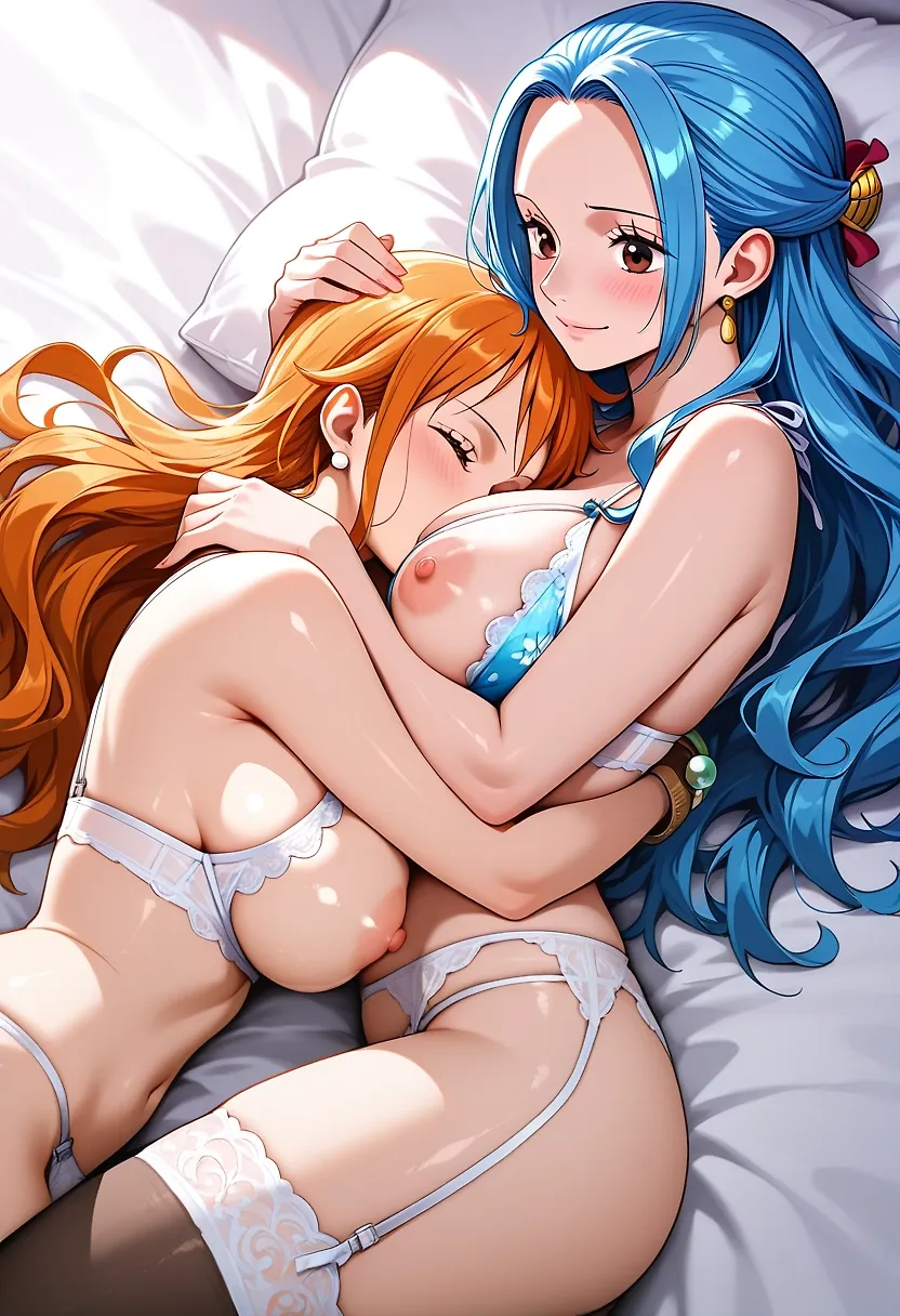 AI art "Some Fun" with user description "Nami have some Fun with the Girls she met on her jouney, see with who she secretly go in Bed.
(Wanted to create some other Girls but that didnt works well as i want)"