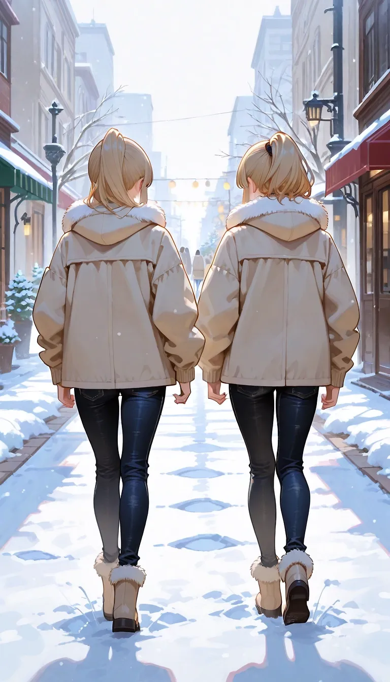 AI art "👯 Siblings" with user description "Or the twins I saw in front of me today, walking in snow... so, just another fleeting memory I wanted to re-imagine here and keep in my mind like this 😏"