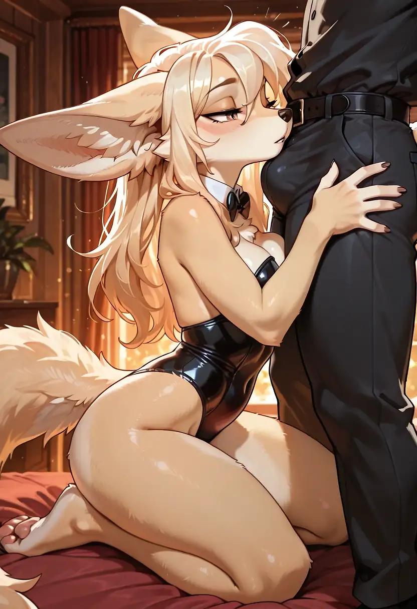 AI art 'Bunbuns and Aurie share a quiet contemplative moment' with user description 'So... er, the whole story is very long and involved and involves Bunbuns (yes his real name) the familiar accepting Aurie (the wild fennec fox) and her decision to be dominated for a period of time and ... ok honestly it's a long and sordid story but does result in a lot of sex.'