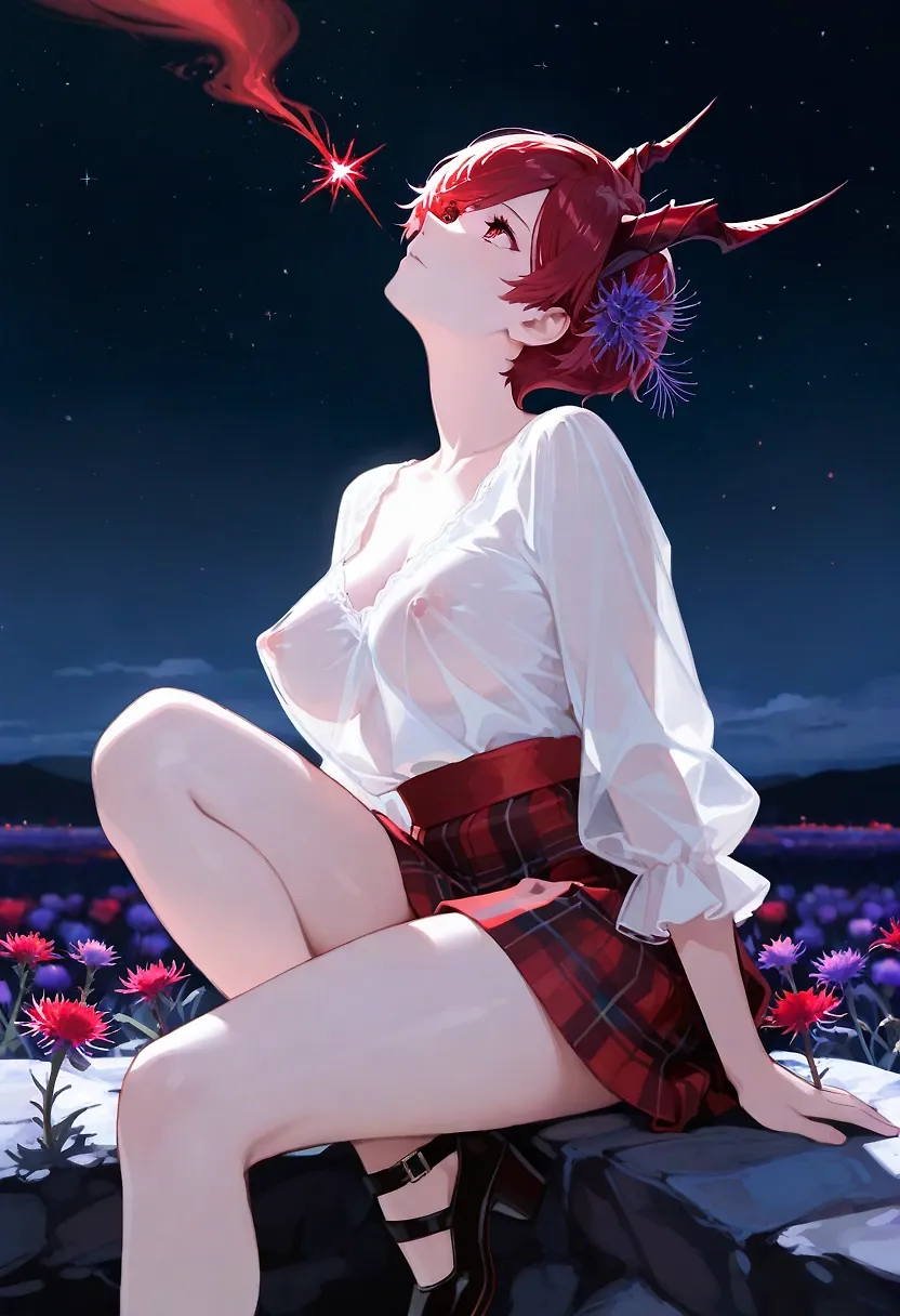 AI art "Zodiac Sign Aries" with user description "I am trying to capture the beauty of each zodiac sign.

In astrology, Aries is primarily associated with the color red and the thistle flower, both of which symbolize the sign's fiery, resilient, and protective nature. Picked the Scottish attire because the Scottish national flower is the thistle and the White for Aries second color.

Tell me what you Thing and If i captured the Essence in a sensual way."