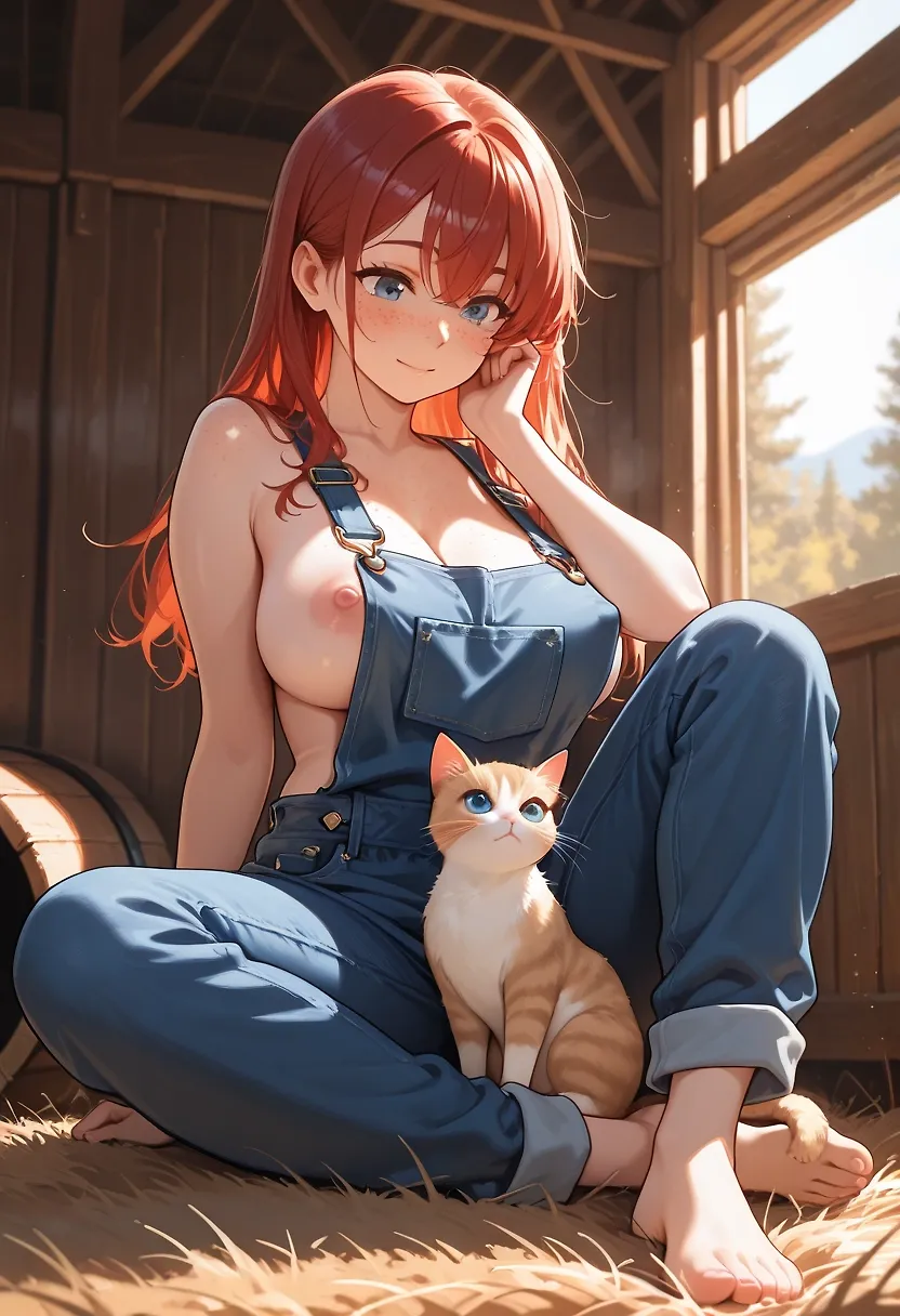 AI art "Joanie and Gumball" with user description "Joanie found a wee kitten in the barn about a month ago. Joanie looked and looked, but found no sign of the mother cat. So she decided to look after the kitten, whom she named Gumball. Joanie made sure the kitten got milk, along with some kitten chow she got at the local co-op. Gumball enjoyed the milk, the food, and Joanie's attentiveness. The kitten now follows Joanie around whenever she's in the barn. If Joanie sits down on a hay bale, Gumball jumps into her lap and starts contentedly purring. Joanie is happy that Gumball is doing so well."