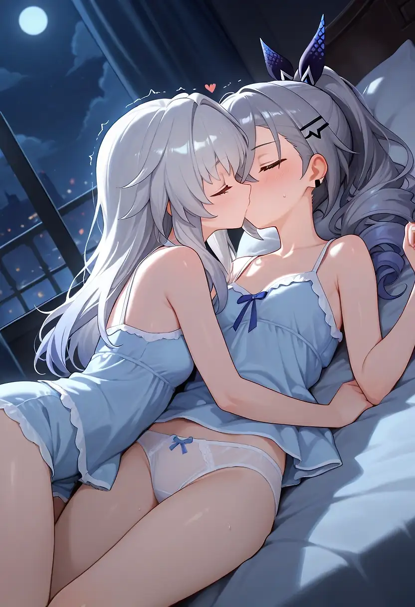 AI art 'Can I sleep with you...' with user description 'Clara and Silver Wolf sharing bed together...'