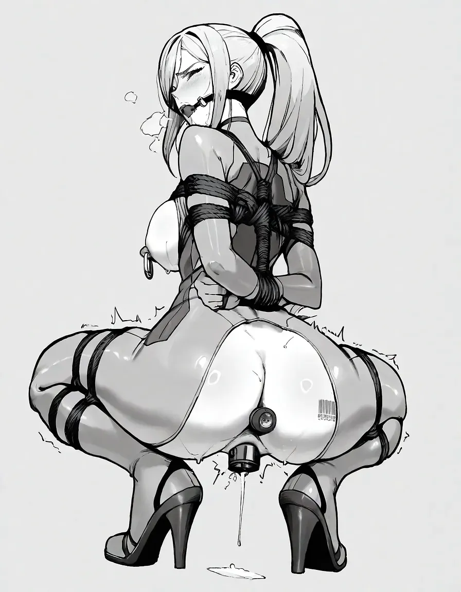 AI art for prompt: "samus aran
zero suit
uncensored
simple background
From behind
Looking back
1girl
Full body
Milf
Wide hips
Breasts out
Nipple rings
vibrator on nipples
Arms behind back
Arms tied
squatting
double penetration
Anal object insertion
Vaginal object insertion
barcode tattoo
Orgasm
wince
gagged
shibari"