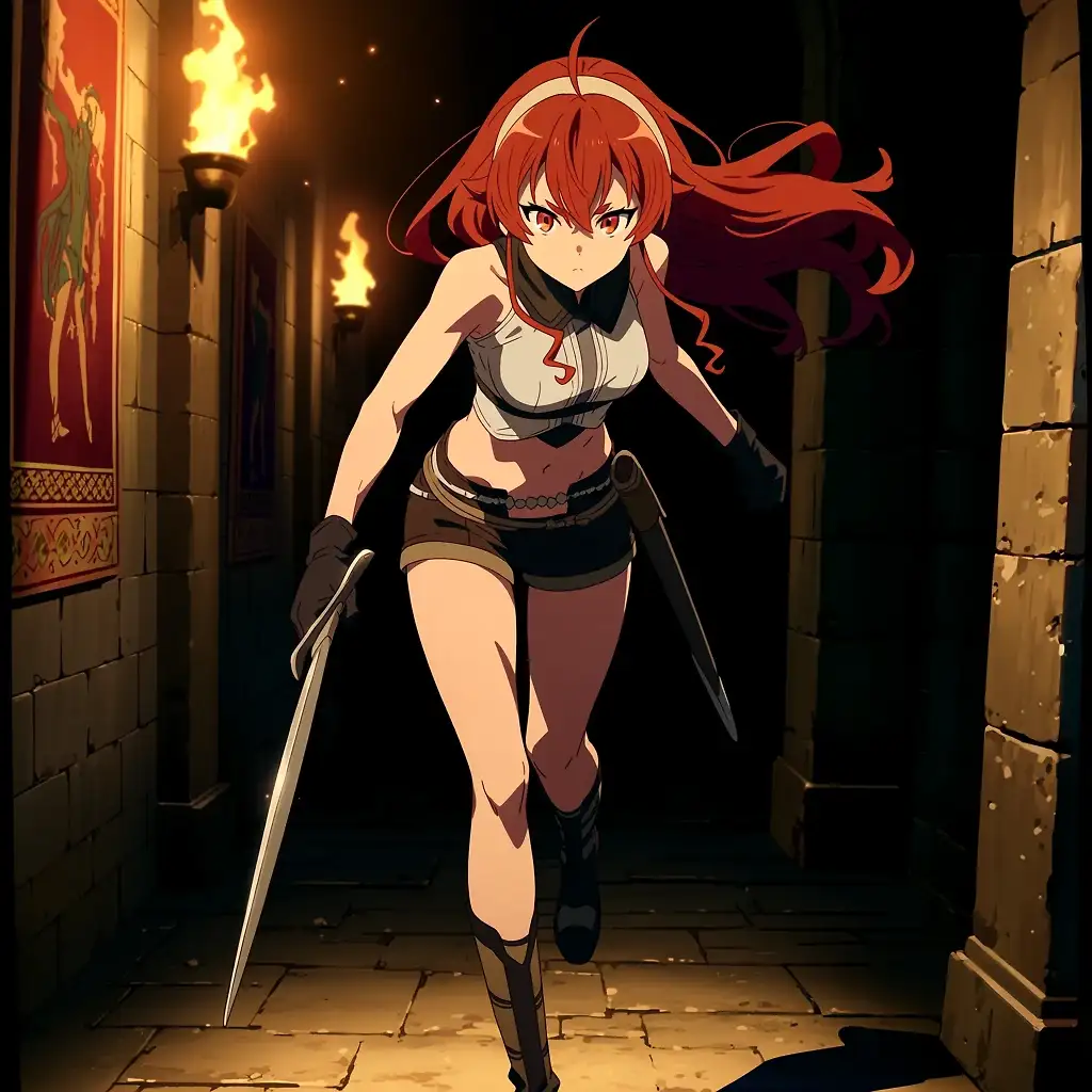 AI art 'Eris - Battle in the Shadows' with user description 'Eris - The Battle in the Castle

Eris Greyrat advanced with determined and silent steps through the dark corridors of the ancient castle, her sword drawn and held firmly in her right hand. Her amber eyes carefully scanned every shadow.
Suddenly, a hooded man emerged from the darkness. Without hesitation, Eris launched herself into the attack. The clash was fierce: blades colliding with force, sparks illuminating the corridor, fast and precise movements. Eris fought with her usual ferocity, dodging and counterattacking with power.
After an intense exchange of blows, Eris prevailed. With a decisive slash, she disarmed her opponent, sending his sword flying. The man fell to the ground defeated.
Eris lowered her sword slightly, breathing heavily but with a small satisfied smile on her face as she looked down at her fallen enemy.
However, at that very moment, a cold shiver ran down her spine...
-----

 I decided to share only this part of the fight, which I didn’t think was too bad. (definitely improvable since I want a more realistic Anime fight, but as always, these are test after test).
-----

If you would like feel free to drop impressions and suggestions on what you think or how to improve it.'