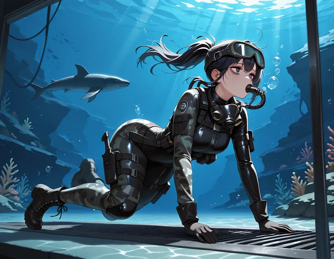 AI art "Stealth-chan On Assignment" with user description "No matter where, no matter why, orders are orders.  From the freezing snow to the sweltering desert, under undersea bunkers to mountain hideaways, day or night, she'll go anywhere her orders take her and do whatever needs to be done to complete the mission.

But when she gets back, there's always another assignment waiting.

When does she ever have time to be anything other than a model soldier?"
