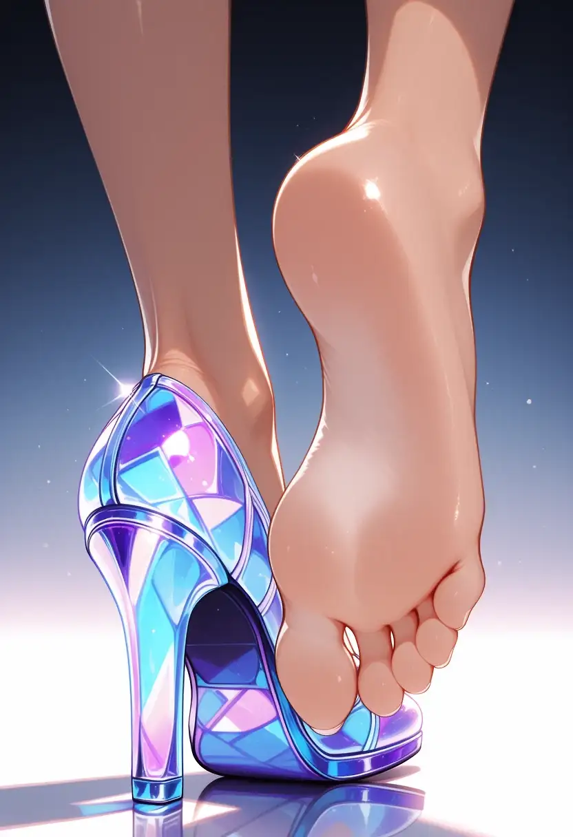 AI art 'Stained glass mosaic heels. Glass challenge' with user description 'Feet appreciation and designer heels, i hope you like it as i do. 

@ririfake and @terror2  again with they mastery at creating amazing concepts and designs. 💛💙💜🧡🩷💚❤️💙'