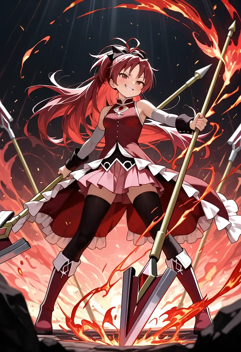 AI art 'Sakura Kyouko – The Crimson Spear Wielder in the Sea of Flames' with user description 'I made this while looking forward to the new movie!'