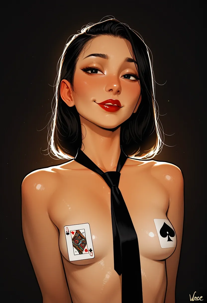 AI art "Strip poker part 1" with user description "She's a shark at poker but it's inevitable to lose some clothes as the hands go by.."