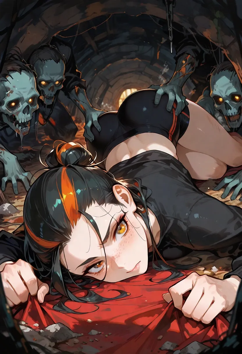 AI art "Chapter #02: The Cemetery of the Living. Part 3." with user description "Suddenly, a loud noise is heard in the cemetery; the dead begin to rise from their graves. The girls try to escape, but a black hand grabs Alison and drags her away. Mireya lets her guard down and is surrounded by zombies, who capture her and throw her into an open grave. Some of them follow her in, tearing her clothes as they do so. She manages to climb out of the grave but is attacked by more zombies.
I hope you’re enjoying the story, and thank you very much for reading."