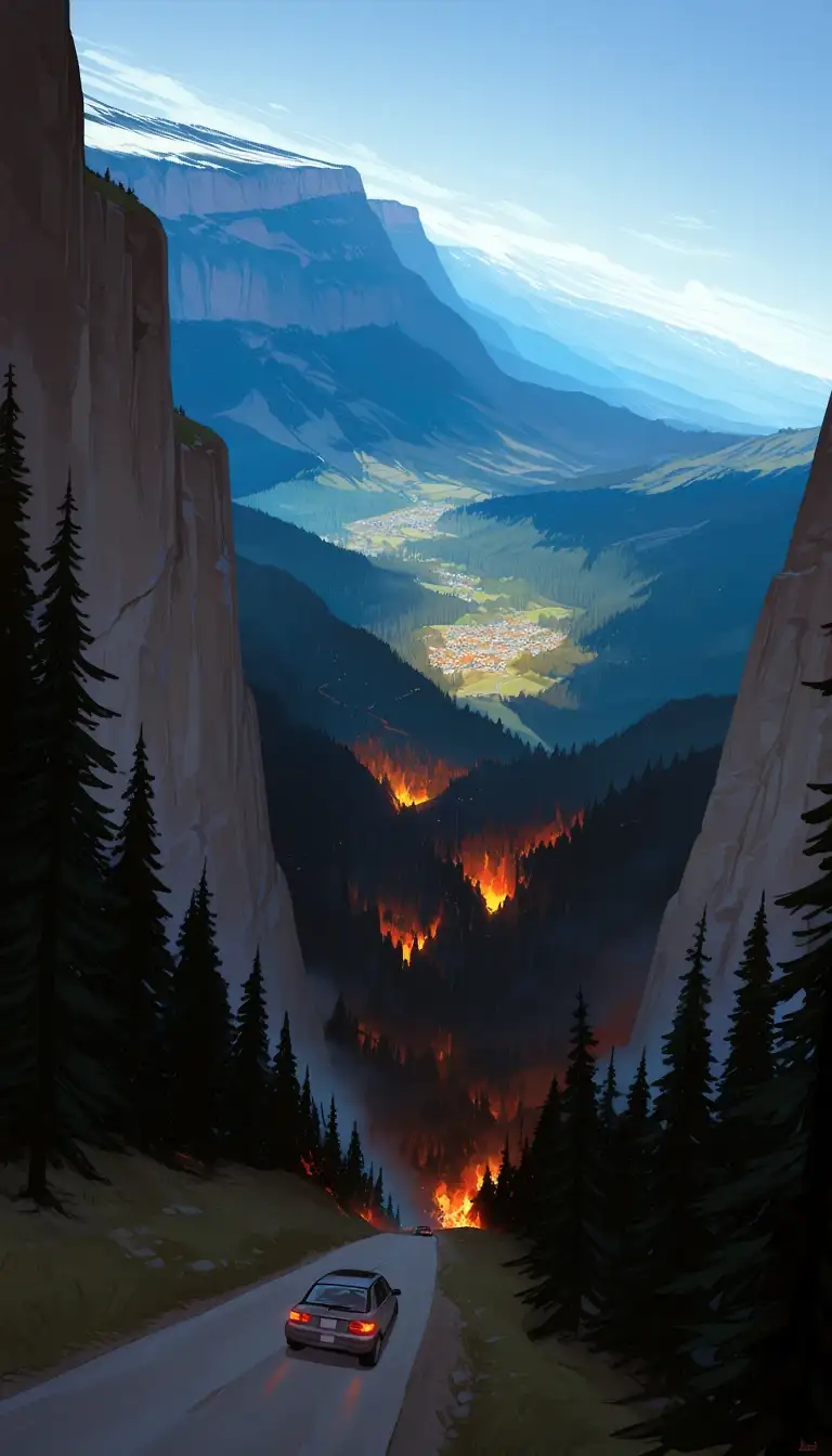 AI art 'CANADA BURNING' with user description '❤️‍🩹🍁
The wildfires in Canada have affected many people and the coverage of smoke fallout is massive. Where I live It's recommended to stay inside due to the quality of air. I hope that mother nature releases a much-needed rainfall for this to come to a close and I wish for everyone's safety as the fires are extinguished.'
