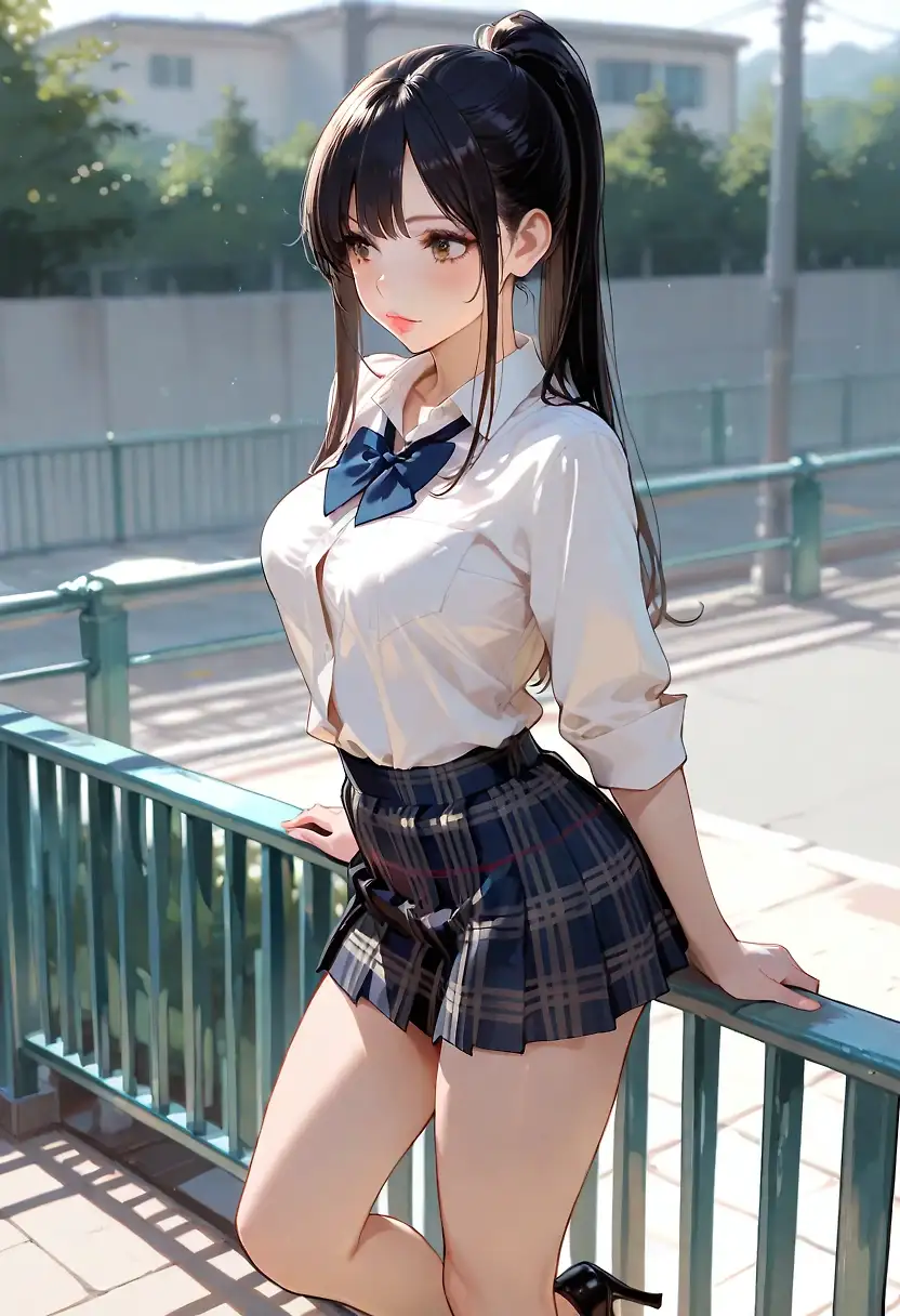 AI art 'Schoolgirl leaning on a pedestrian railing'