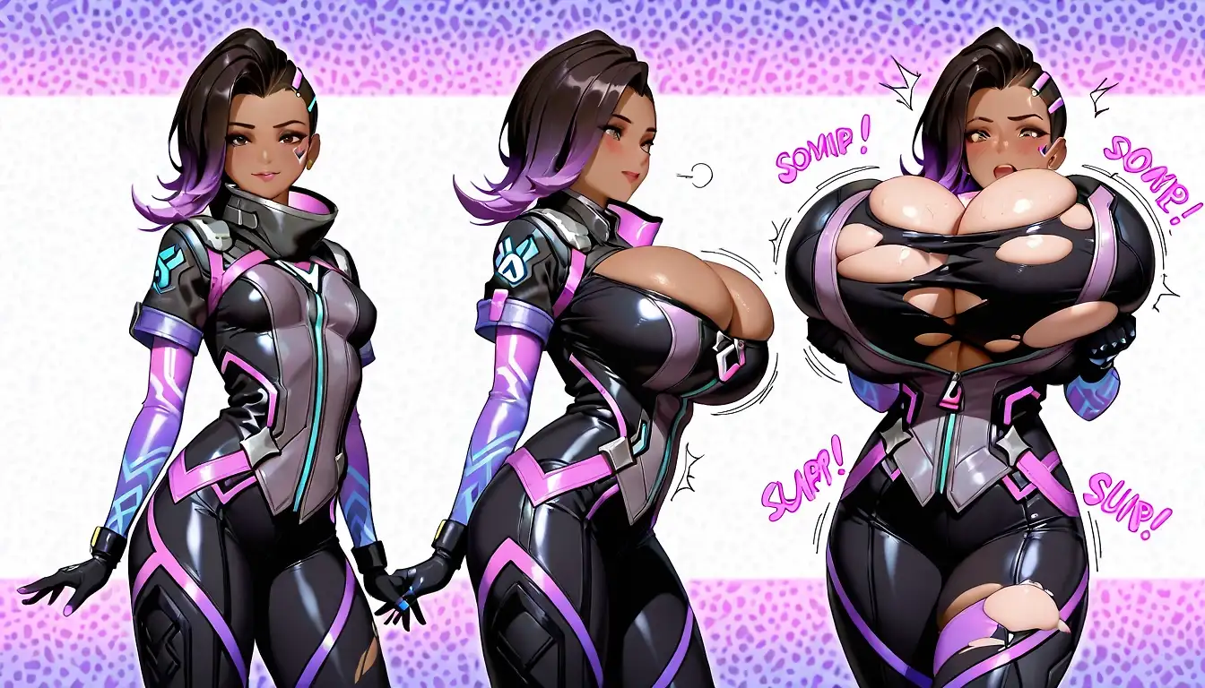 AI art 'Breast Expansion test 2.0' with user description 'Another test of breast expansion (with sombra this time)
I have to admit, I'm having a hard time coming up with a prompt where the character's chest gradually rips through her clothes until she's naked. It's frustrating.'