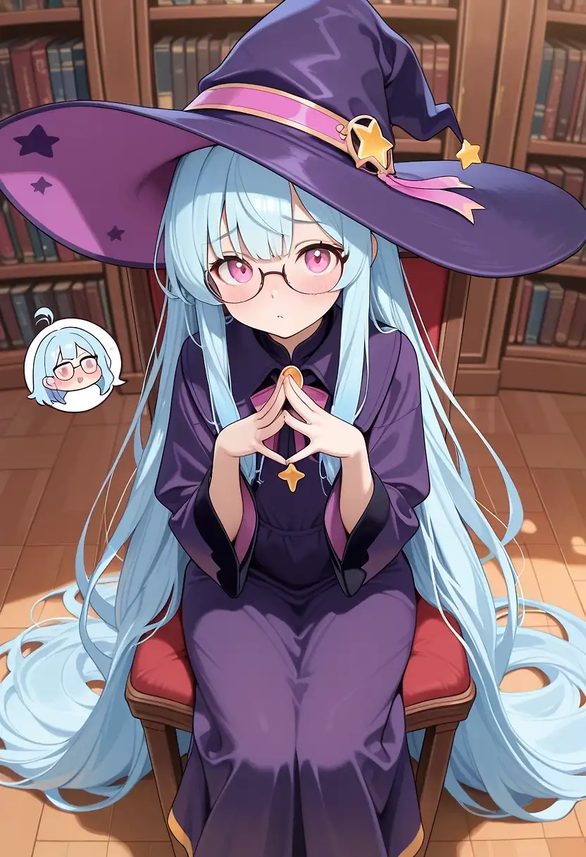 AI art '20 Questions With Runie!' with user description '(New series, get to know the OCs with a nice little interview.  Have a question that wasnt covered in the interview?  Drop it in the comments and Runie will answer!)

~ 20 Questions ~

> = Interviewer
R: = Runie

> To start, please state your full legal name.

R: Runie Caldwell

> Do you have any nicknames or aliases?

R:  Ember calls me "little witch" sometimes, does that count?

> Close enough I suppose.  What do you do for work?

R: I'm a full time student!  I'm going for a Master's in Alchemical Sciences.  Maybe a minor in Enchantments.

> And those are real majors?

R: Yeah, I got a scholarship and everything!  Don't act like magic isnt real.

> I see, well what do you like to do for fun when you arent studying?

R: Mostly messing about in the potion lab.  That probably counts as studying still though, but its fun to leave the formulas behind and just vibe it, you know?  Even if it does blow up every now and then.  No one's gotten hurt at least!  Not yet anyway... but fingers crossed!

> Do you have any music you like, maybe what you listen to in the lab?

R: Kawaii Future Bass!

> ... I'm going to take your word that that's a real genre too.  Hey hey, dont pout.

R: Give it a shot!  It really gets the brain working.

> Fair enough.  What do you like to eat between all your experiments?

R: Pudding is the best!  Flan, vanilla, chocolate, banana, doesn't matter.  All you need is a spoon and you can pack a bunch of different flavors in advance.  You can even mix them up for new flavors!  Its kinda like alchemy, but with more sugar.

> How about the city?  Any hangout spots you frequent?

R: It probably sounds boring, but I'm in the library most days.  Either the big one at the college or the old one at the cathedral.  Sweetie does drag me out to touch grass every now and then though.

> You already mentioned your magic, but do you have any other special skills?

R: I can whistle, does that count?

> That'll do.  Any pets at home?

R: Gooey!  He's... I guess he doesn't really have a gender but he just feels like a little guy, you know?  He's a slime.  I might... have created him by accident.  But don't tell the board or I'll get expelled.  Lady says he reminds her of a cat, but I feel like he's kinda bunny-ish.

> And do you live close to school?

R: I live at school!  Well, at the dorms.  I dont have to share my room, which is nice.  Sometimes I spend a few nights at Sweetie's place though, if she wants to have a girl's night.

> I'm supposed to ask who your best friend is, but I'm guessing its this Sweetie person?

R: Yeah!  She goes by Sweetheart.  She has ever since... ever since... well, for a while now.  Her real name is Valerie, though.  We went to High School together.  Middle School too.

> And who would you say gets on your nerves the most?

R: Oh, definitely Ember.  She thinks her little robots and gadgets are so cool.  'Technology is superior to magic' she says.  Or 'Hey, I bet my robo-crab could beat Gooey in a battle!'.  Stuff like that.  Azuki is kinda similar, she doesn't really see the appeal in magic like I do, but Ember actually teases me about it.

> Anything you're particularly afraid of?

R: Heights.  It's why I failed out of broom riding class.  And why I have to ride the bus.  *laughs*

> Any aspirations?

R: I want to create a legendary potion one day.  Something as cool as the Love Potion, or the Invisibility Tonic.  Things everyone thinks of when they hear "magic".

> What would be an ideal date location?

R: A dessert cafe?  And maybe... a movie?  But dessert first.

> How about a vacation getaway?

R: Hot springs!  It does wonders for my hair, believe it or not.  Soaking in the warm water is like a dream... ah, especially if its snowing outside.

> You do have a lot of hair.  Speaking of hot and dreamy, lets get spicy for a moment.  Do you have any particular fantasies?

R: *blushes* Huh?  Why are you asking that all of a sudden?

> Its good content for ratings!  I'm sure someone out there wants to know...

R: ... *mumbles*

> What was that?  One more time?

R: ...tentacles.

> Any elaboration?

R: *shakes her head*

> Ok, moving on.  What's a secret your friends don't know about you?

R: Aside from that last answer... *sighs*.   Sometimes Gooey eats small items the others leave laying around.  And I dont want him to get in trouble, so I pretend I dont know where they went.

> I see.  How mischevious.  Is there anything you'd like to add before our last question?

R: Is it too late to censor a previous answer?

> I'm afraid we're live.

R: Ah.  *Hides her face for a moment*. That's all.

> Last question then.  Have you ever... wished upon a star?  If so, what did you wish for?

R: *long pause* I wished ... for the world to be a more magical place.'