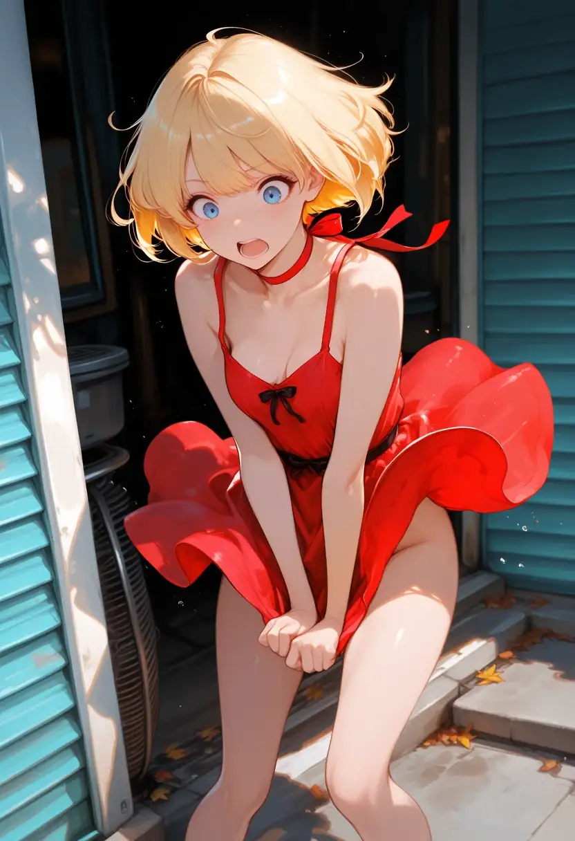 AI art 'A windy day in New York' with user description 'I bet the red ribbon girl regrets not wearing a pantie today 😘 where do i have my 📷 🤔'