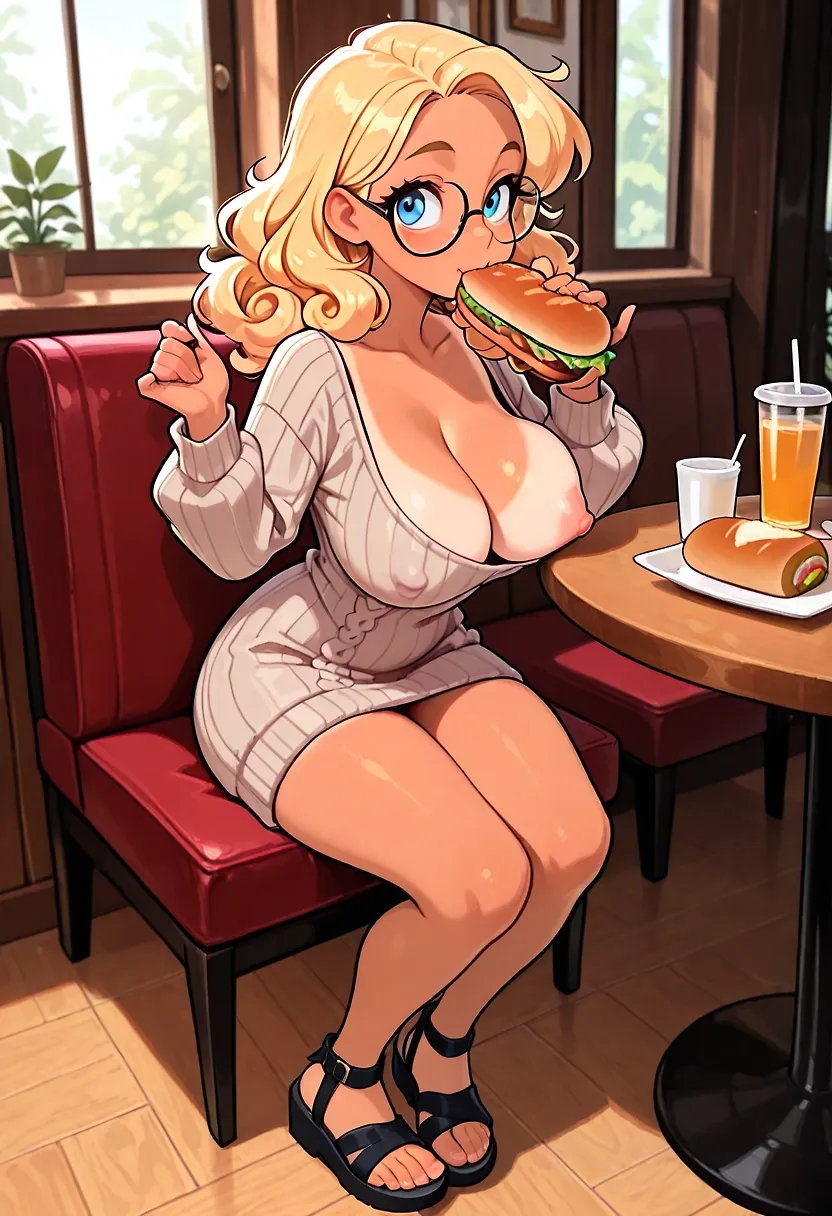 AI art "Meet Evelyn, Part 1" with user description "When you first meet Evelyn (she prefers to be called by her work alias), you find that she's a very sweet person. You might also think she's a bit ditzy, judging by the way she dresses. "Well, sugar, I enjoy wearing sweater dresses, even though they sometimes slip off my shoulder and uh, reveal, more than they should," she giggles. "So I just pull up the dress and continue." Evelyn shrugs. "You shouldn't sweat the small stuff.""