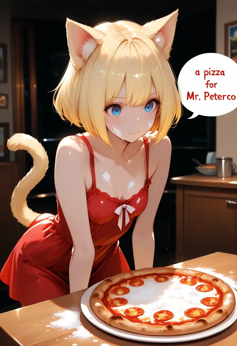 AI art 'Petercos choise' with user description 'There you have it @peterco Pizza and a Cat Girl 😘'