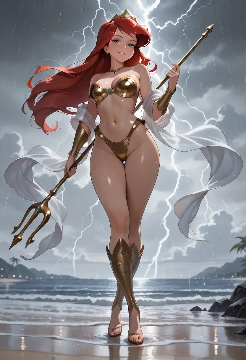 AI art "Wrath of the Princesses 1 - Ariel" with user description "The depths of the ocean were silent, heavy, and intimate.

Ariel moved through the glowing kelp forest, her long, fiery red hair floated around her naked body in silken waves, brushing against her breasts and the curve of her hips.

The water caressed her like a lover—she had always loved this feeling. Tonight, it felt like foreplay before violence.

She reached the hidden coral vault where the Sea King’s relics waited. With a flick of her wrist, the enchanted clamshell doors opened. Inside lay her armor.

Ariel ran her fingers along the cold metal, feeling it warm to her touch. She smiled, sharp and hungry.
Last, she took the trident.

The weapon hummed with ancient power as her webbed fingers closed around its shaft. She spun it once, cutting the water with a low thrum that sent schools of fish fleeing in terror.

“Time to play,” she whispered, voice distorted beautifully underwater.

With a surge of her power, Ariel shot upward.
She broke the surface at the exact moment the sun kissed the horizon. The beach was empty—pristine white sand stretching toward the distance. Perfect.

Saltwater streamed down her body, tracing the deep valley between her breasts, sliding over the muscles of her stomach, and dripping from the hem of her scandalously short armored skirt. 

She tilted her head back, eyes glowing an unnatural aquamarine. Then she activated her water magic.
The sea answered with savage joy.

She threw her head back and screamed into the tempest, voice carrying over the thunder with raw, seductive power:

“I am Ariel, daughter of the sea!
The tides rise for me.
The lightning bends to me.
Come, sisters…
Come and drown with me!”

The massive storm rolled toward the ruined coliseum like a living thing—rain turning the ground to mud, wind tearing at distant banners, lightning promising that the first blood of the war would be drawn in water and fury.

Ariel lowered the trident, a dark, aroused smile curving her lips as rain streamed down her face and between her breasts.

The war had begun."